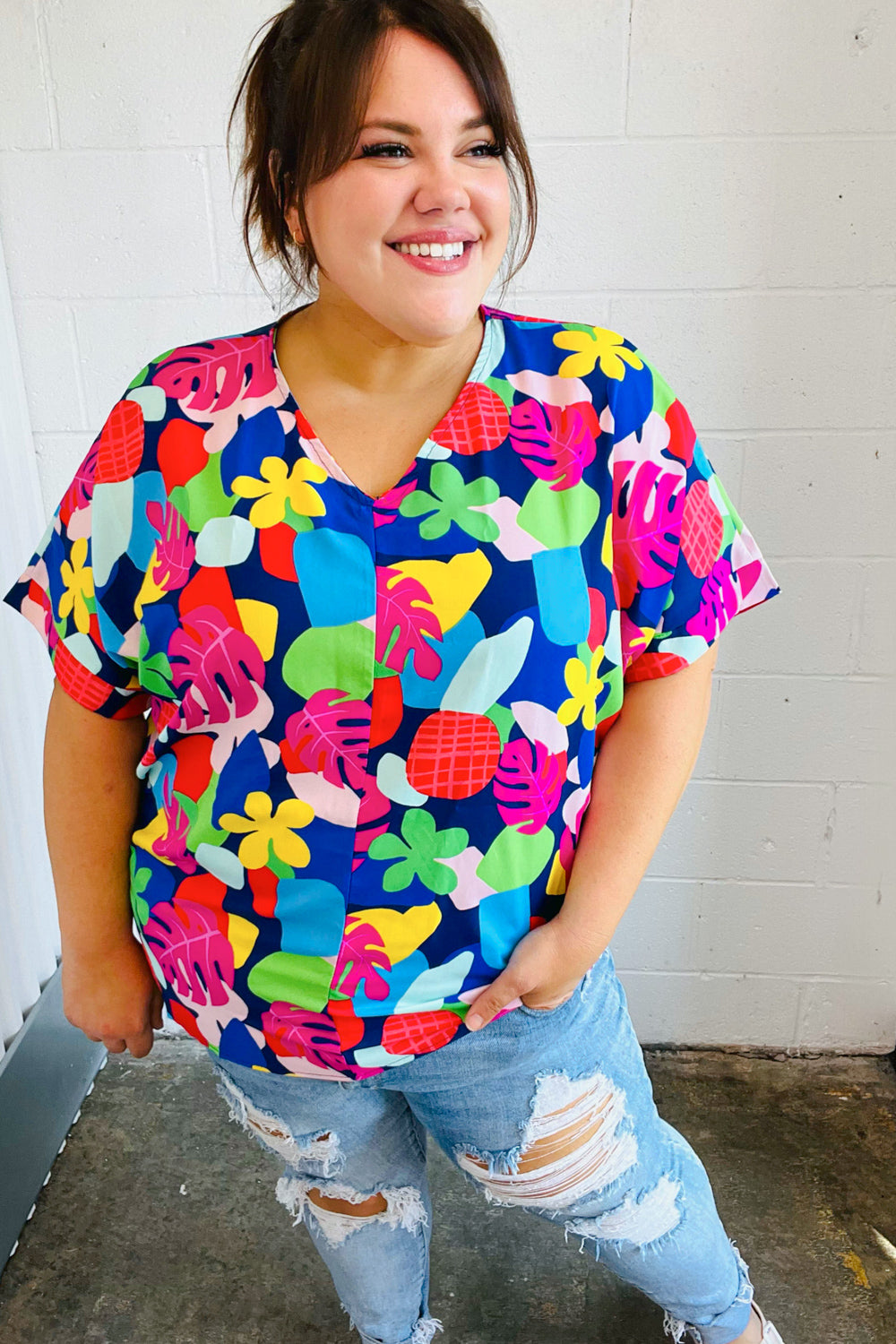 Time For Sun Navy Multicolor Tropical Print V Neck Top - Charming Charlie