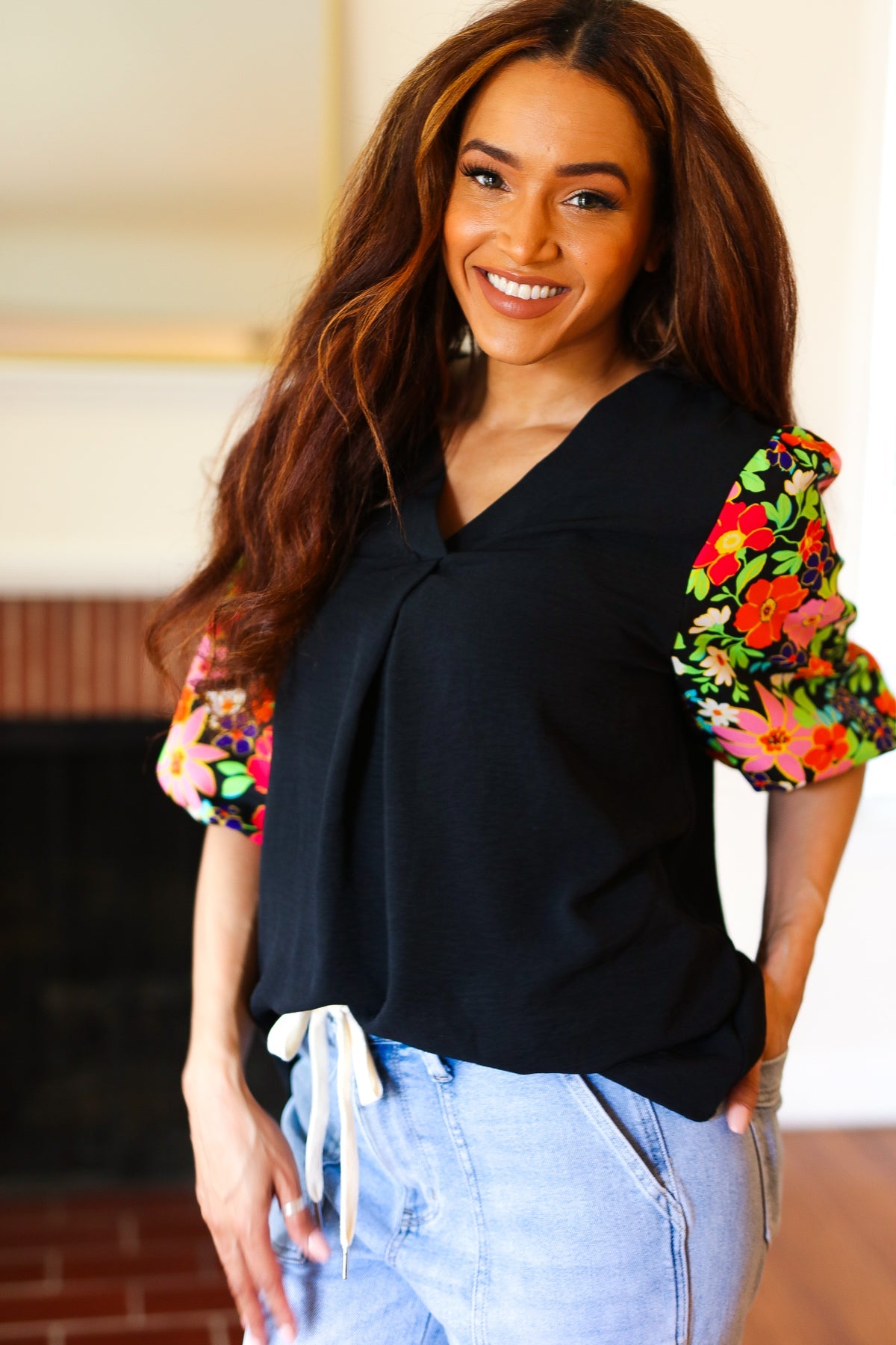 Eyes On You Black Floral Puff Sleeve V Neck Top - Charming Charlie