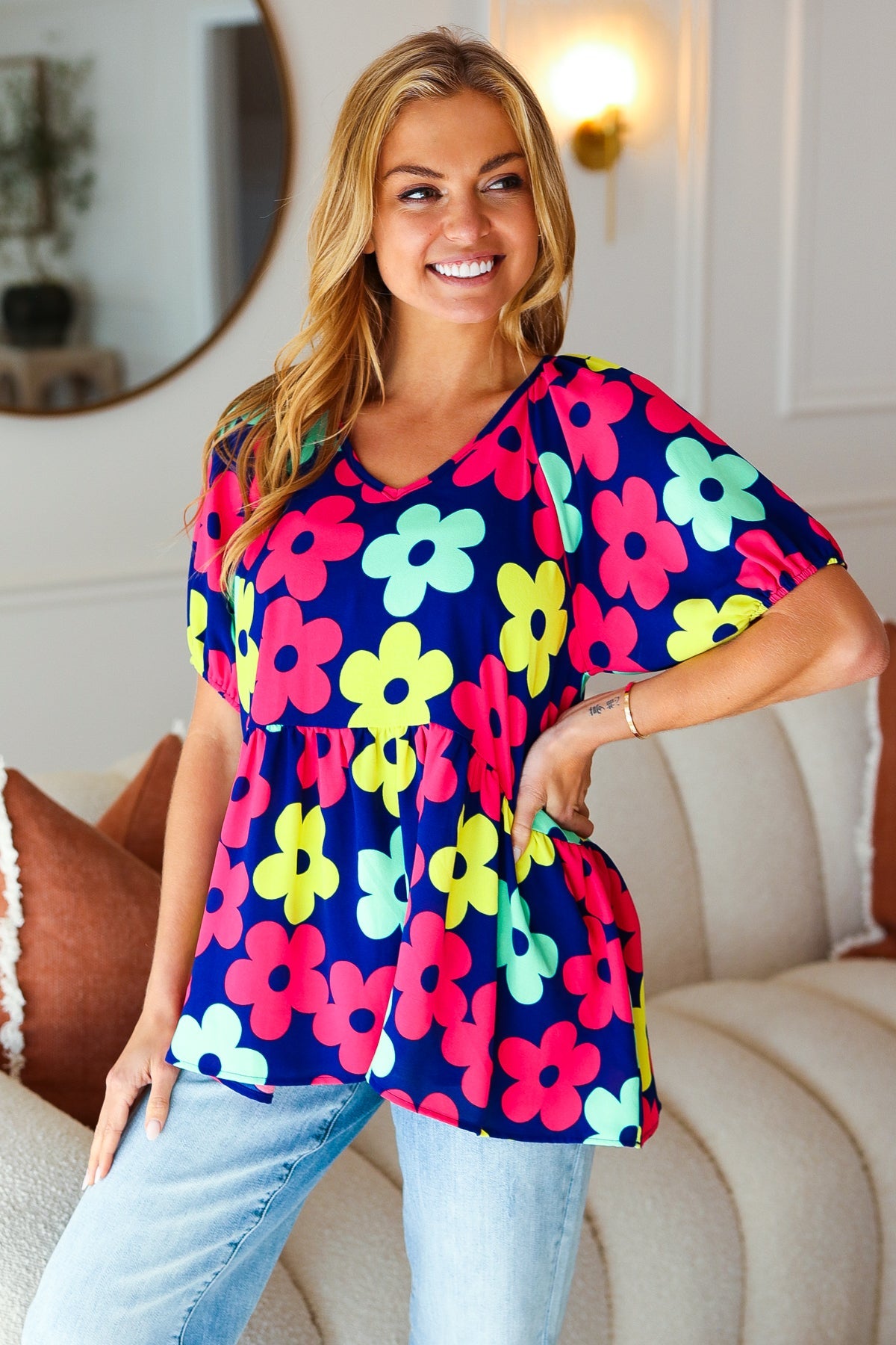 Sunny Days Navy Flat Floral Bubble Sleeve Babydoll Top - Charming Charlie