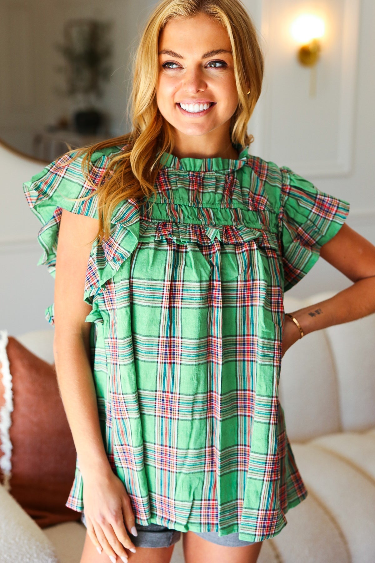 Live For Today Green Plaid Shirred Yoke Flutter Sleeve Top - Charming Charlie