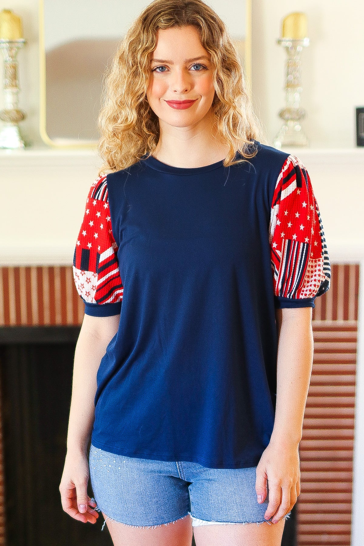 Stand-Out Navy Patriotic Patchwork Puff Sleeve Top - Charming Charlie