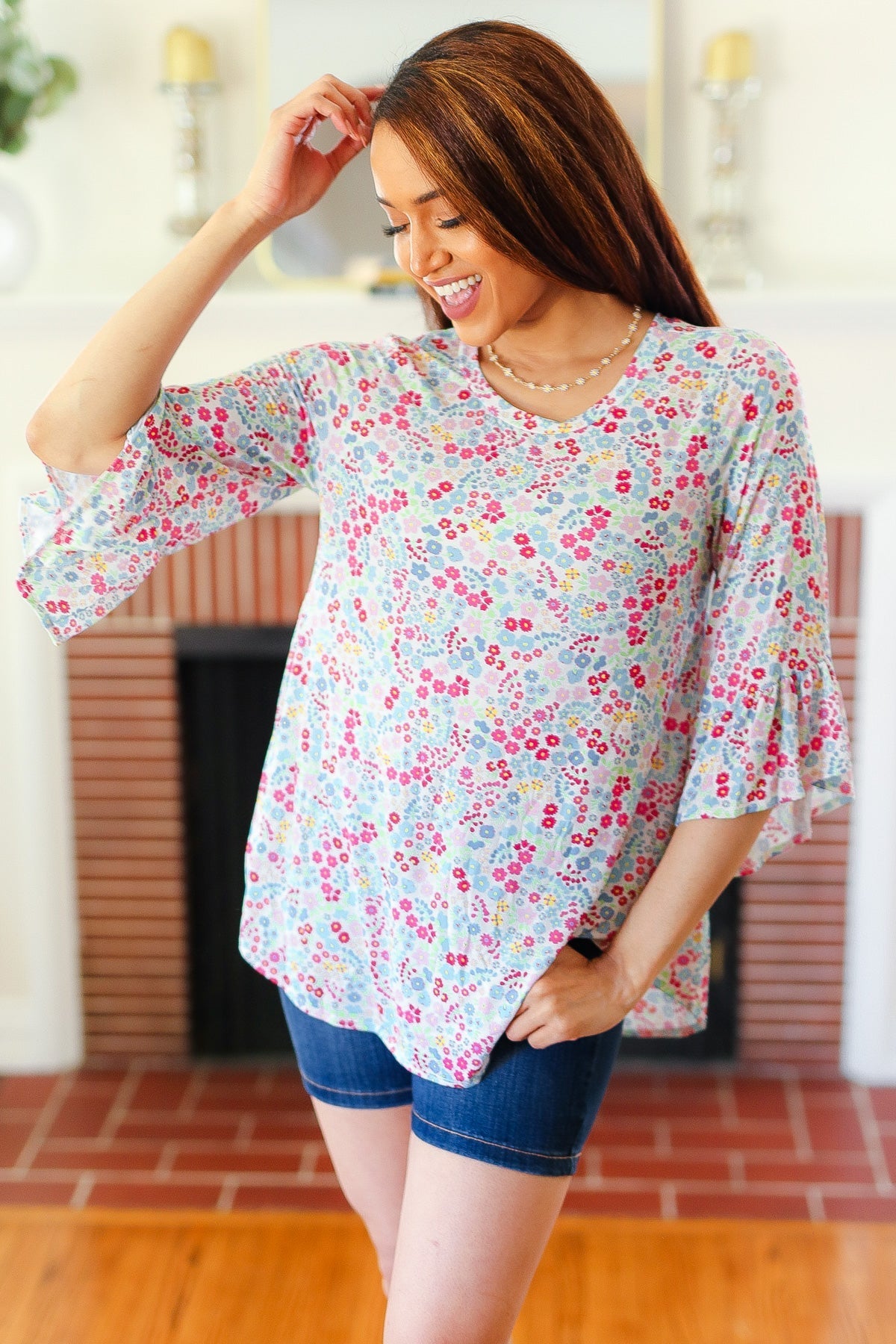 Feeling It Blue Floral Print Ruffle Three Quarter Sleeve Top - Charming Charlie