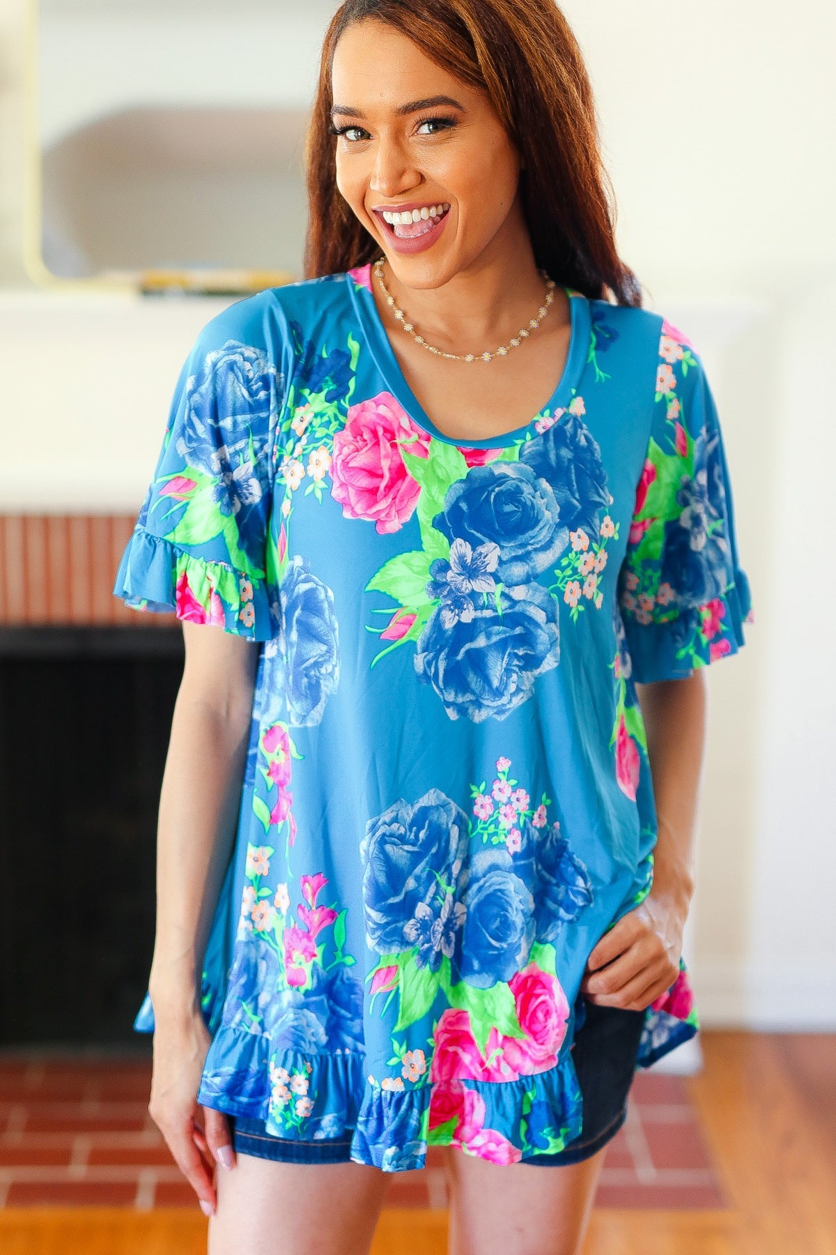 Feeling Playful Blue Floral Ruffle Sleeve & Hem Tunic Top - Charming Charlie