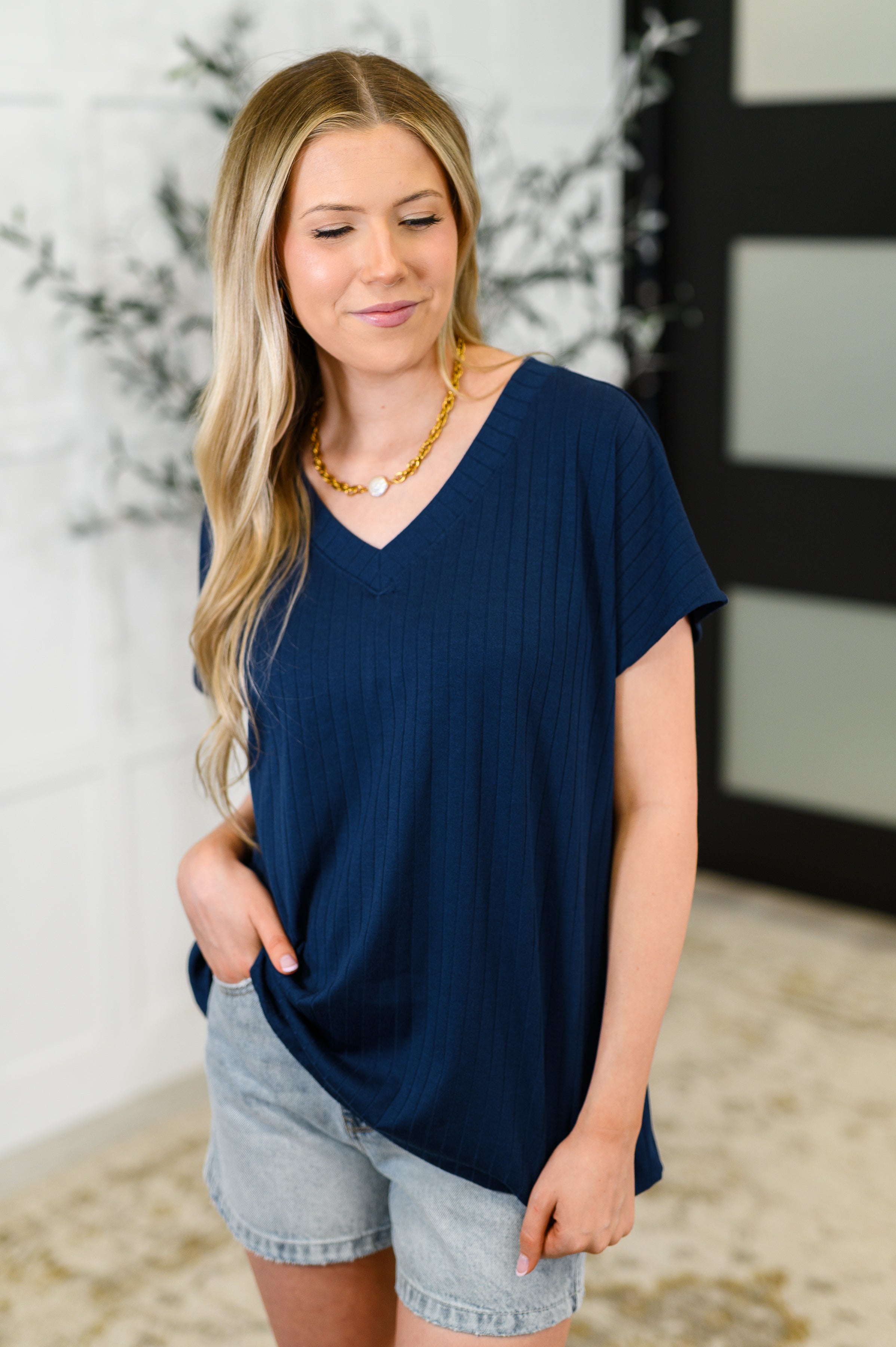 Top Shelf Basic V-Neck Ribbed Tee in Navy - Charming Charlie