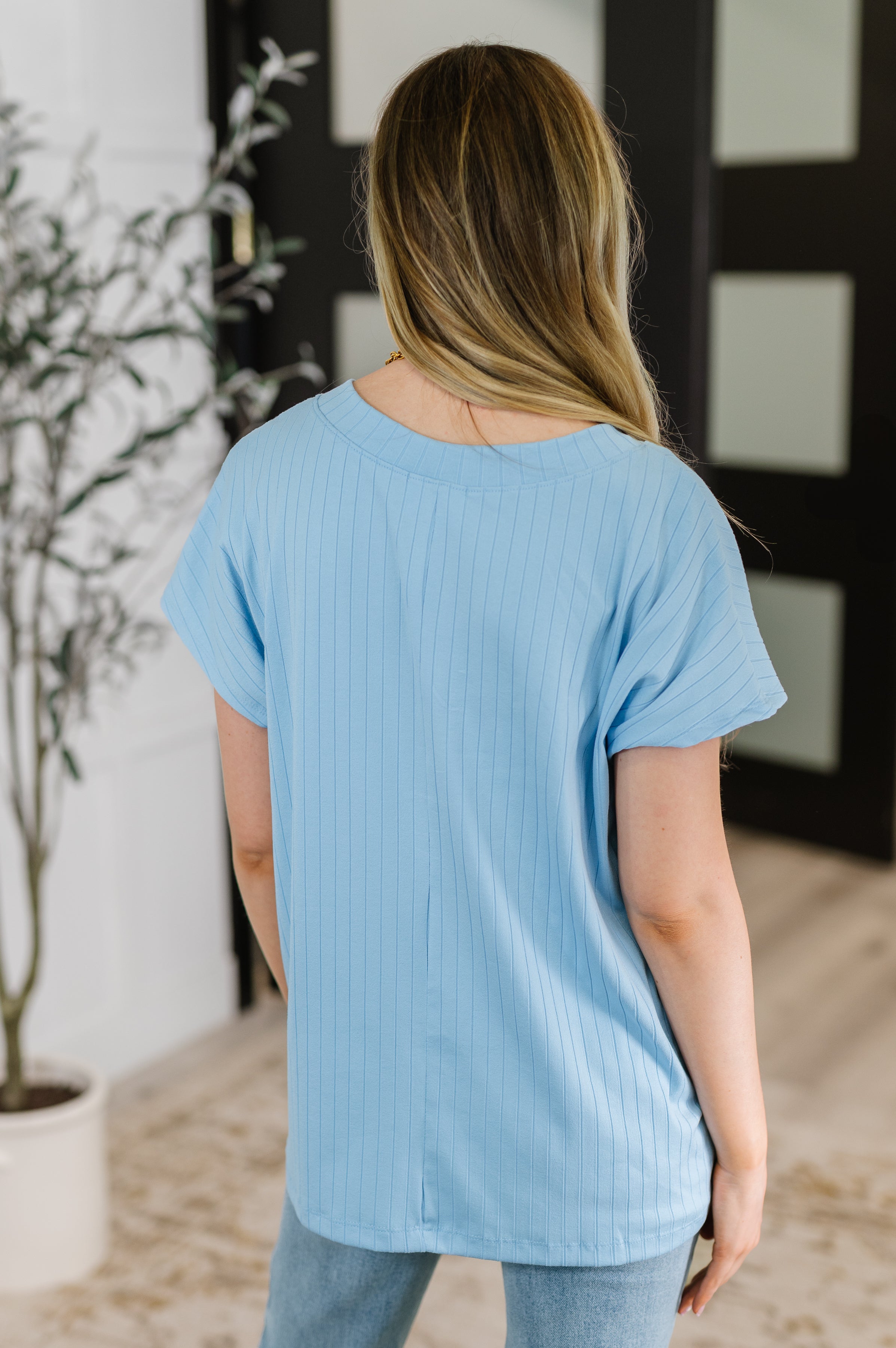 Top Shelf Basic V-Neck Ribbed Tee in Sky Blue - Charming Charlie