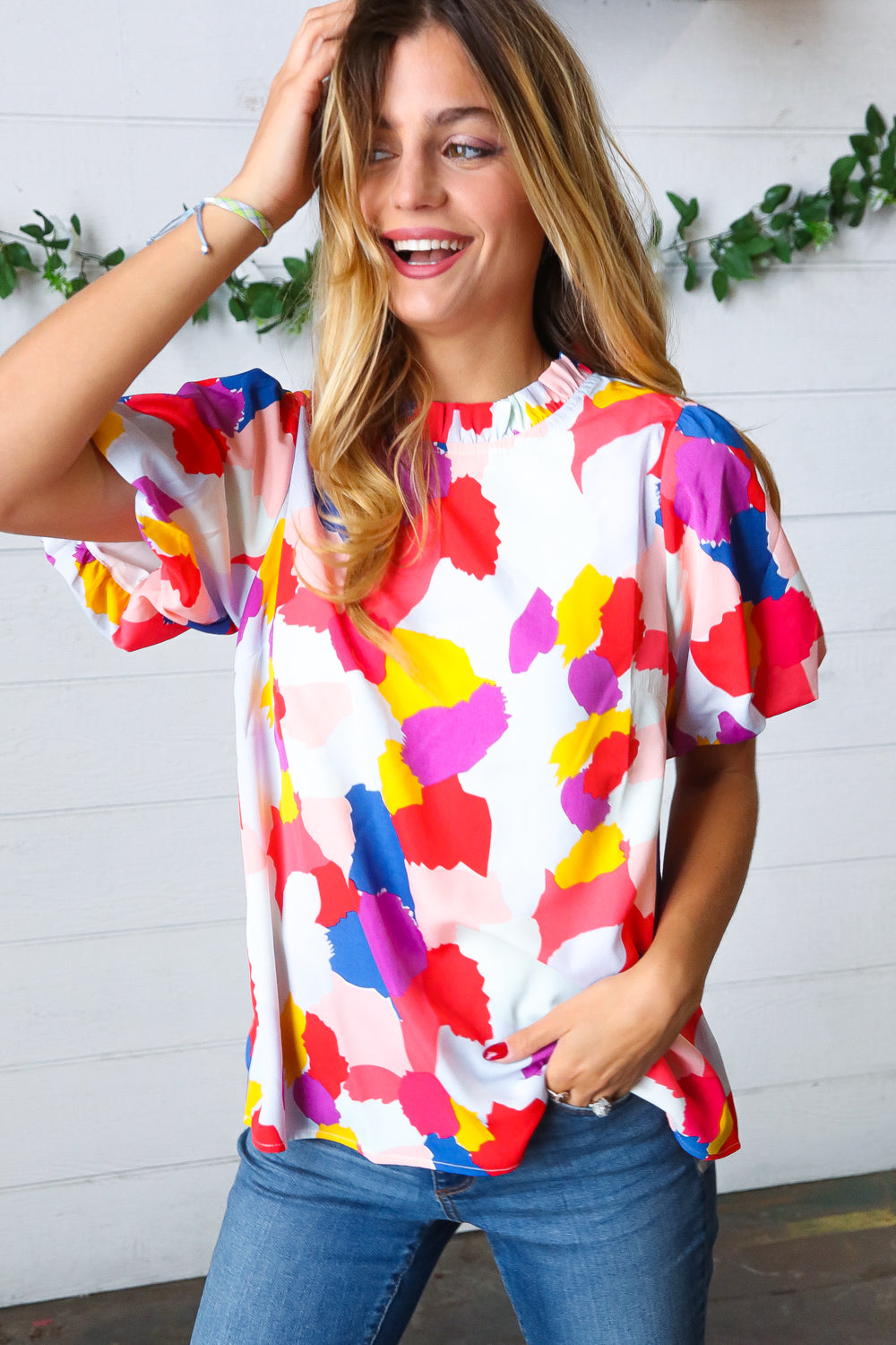Multicolor Print Frilled Mock Neck Puff Sleeve Top - Charming Charlie