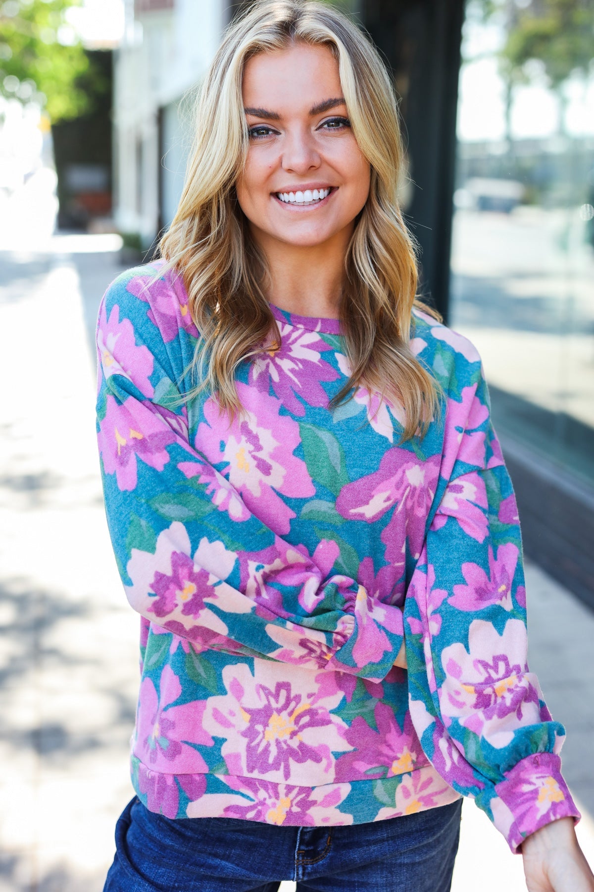 Feeling Femme Teal Floral Brushed Hacci Sweater Top - Charming Charlie