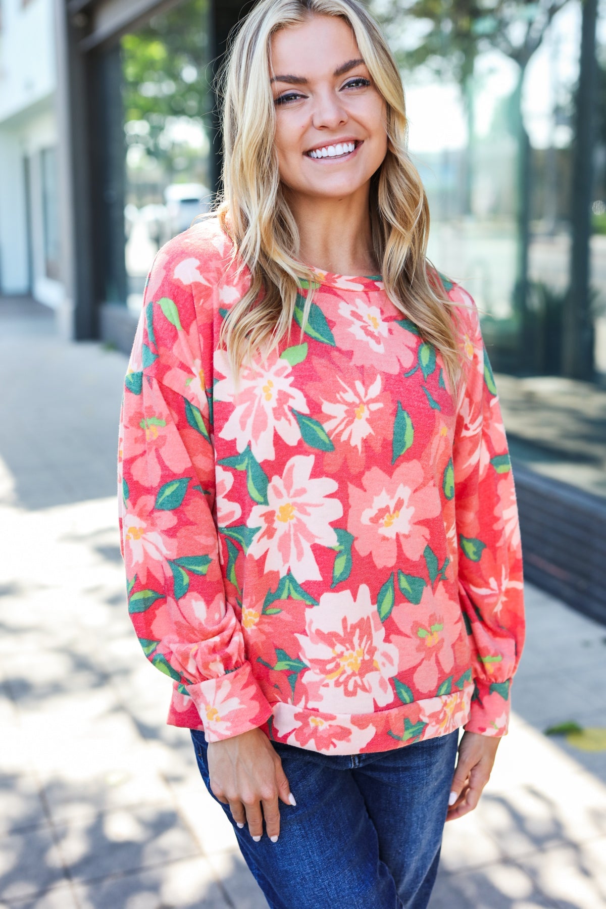 Feeling Femme Red Floral Brushed Hacci Sweater Top - Charming Charlie