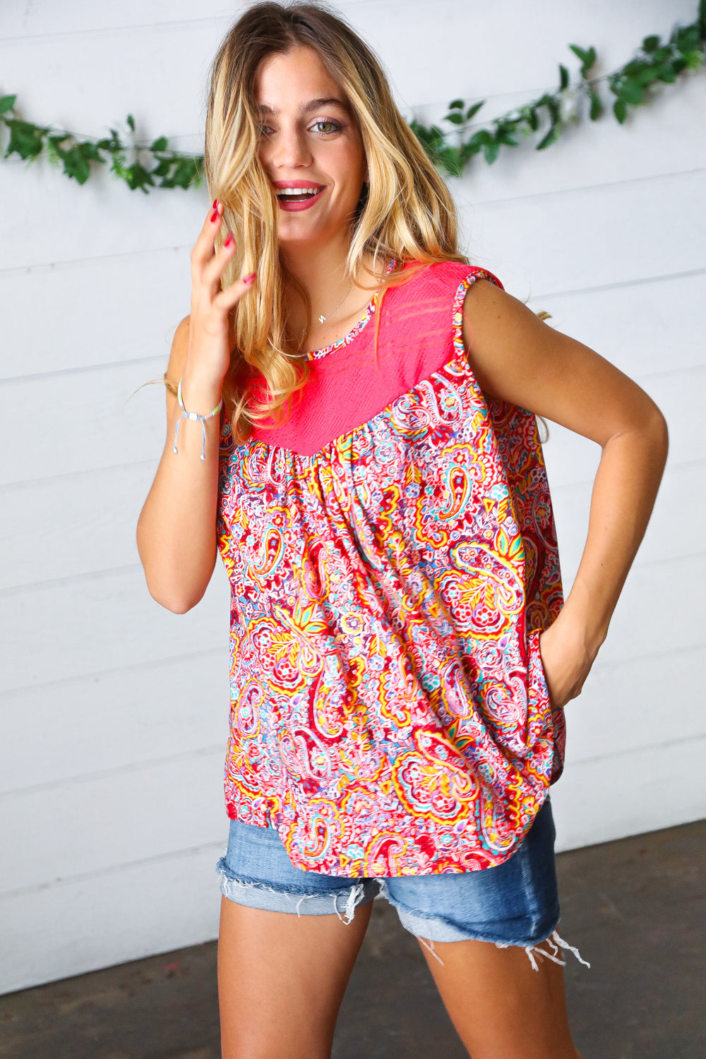 Coral Jacquard Lace Paisley Print Tank Top - Charming Charlie