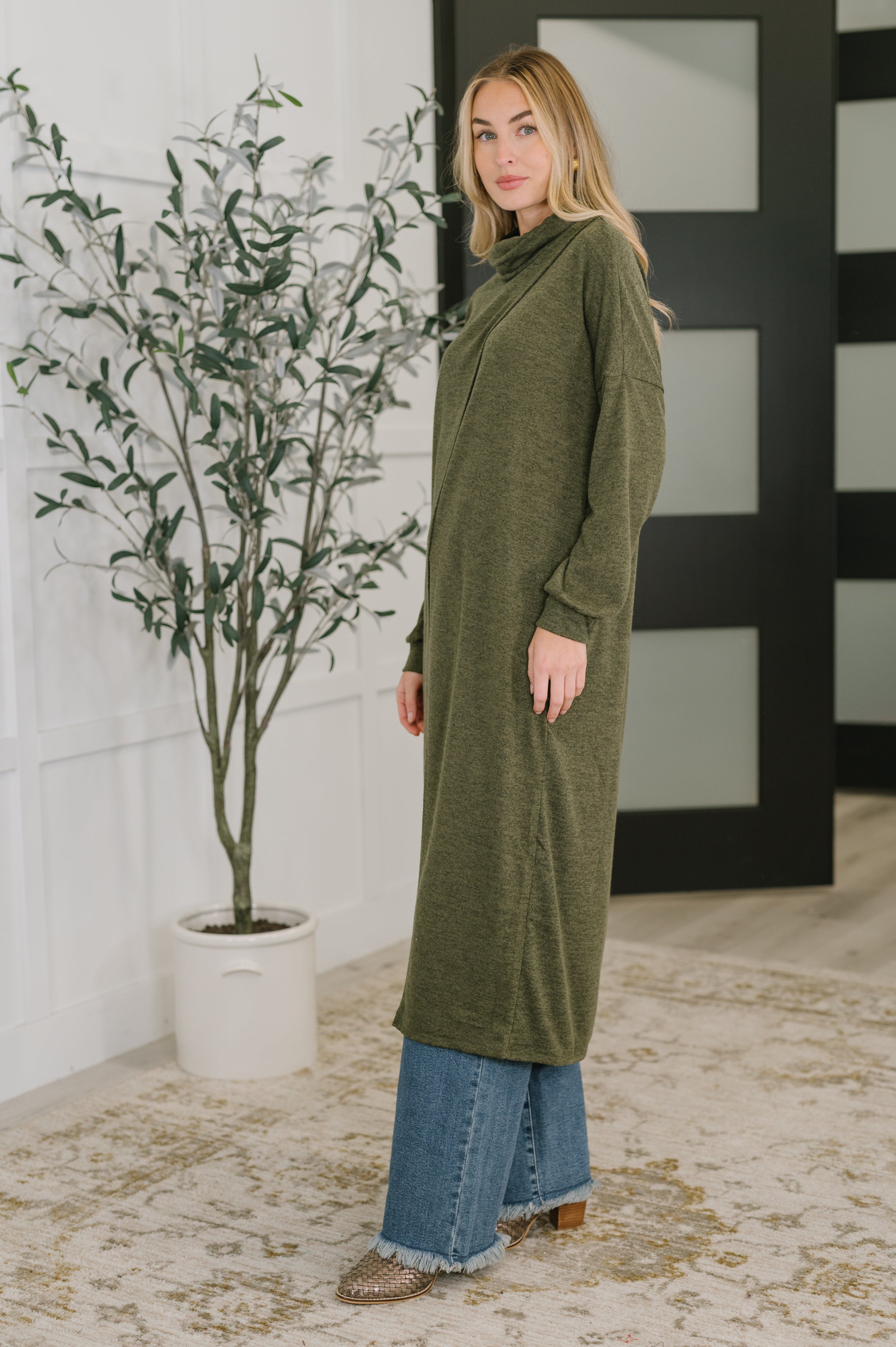 Travel City Scape Turtle Neck Tunic in Olive - Charming Charlie