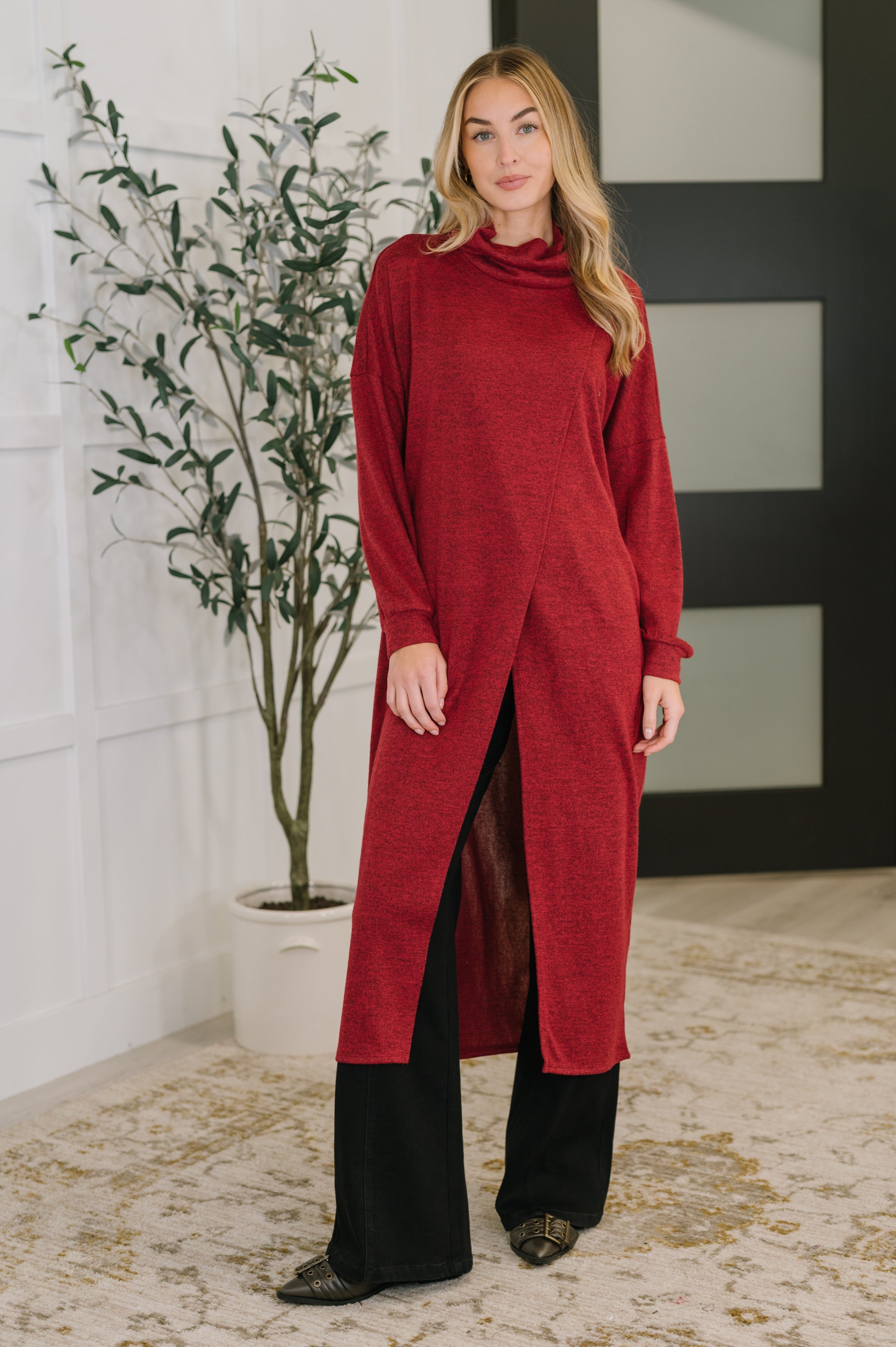 Travel City Scape Turtle Neck Tunic in Wine - Charming Charlie
