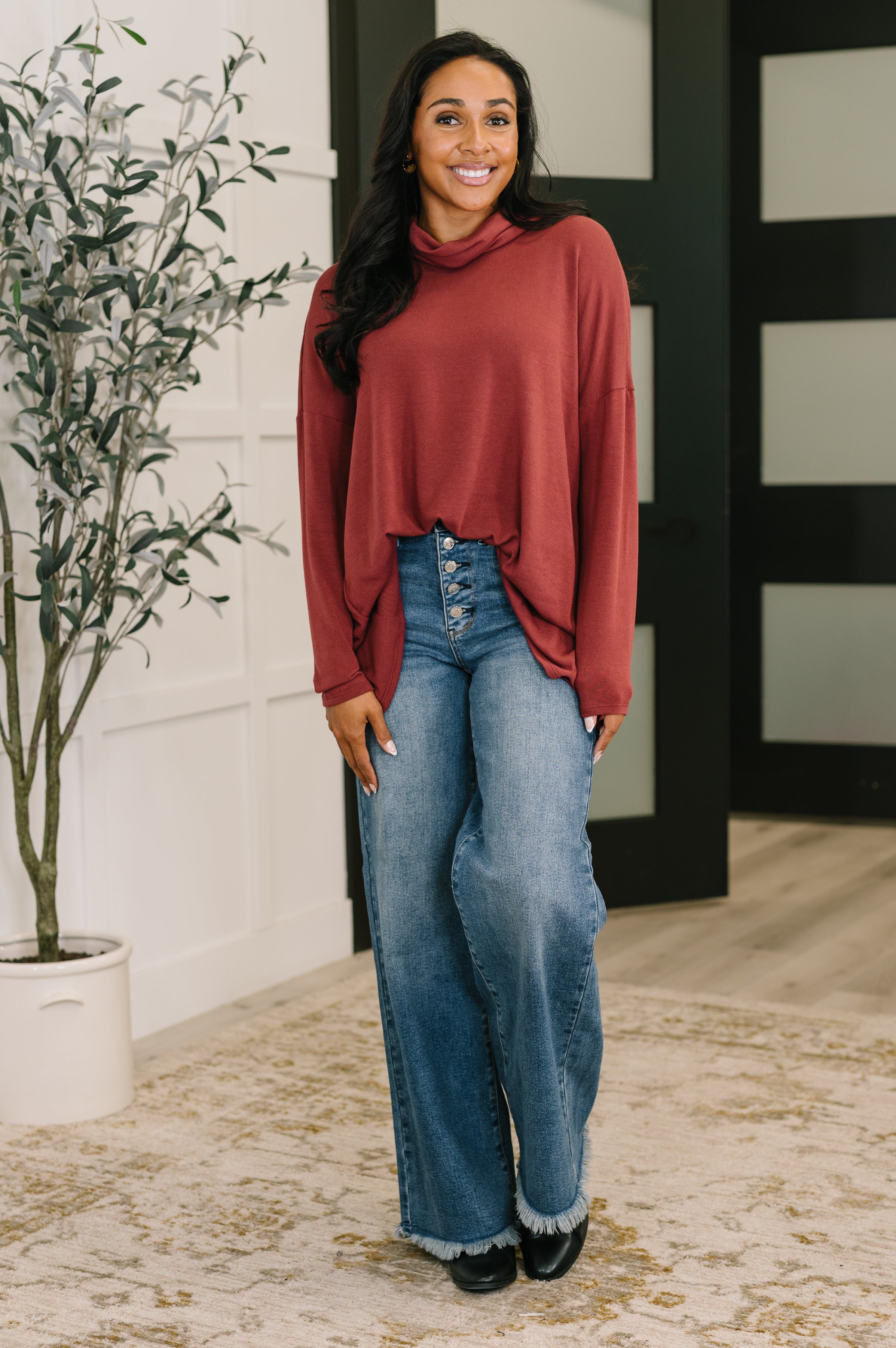 Travel Destination Cowl Neck Pullover in Wine - Charming Charlie