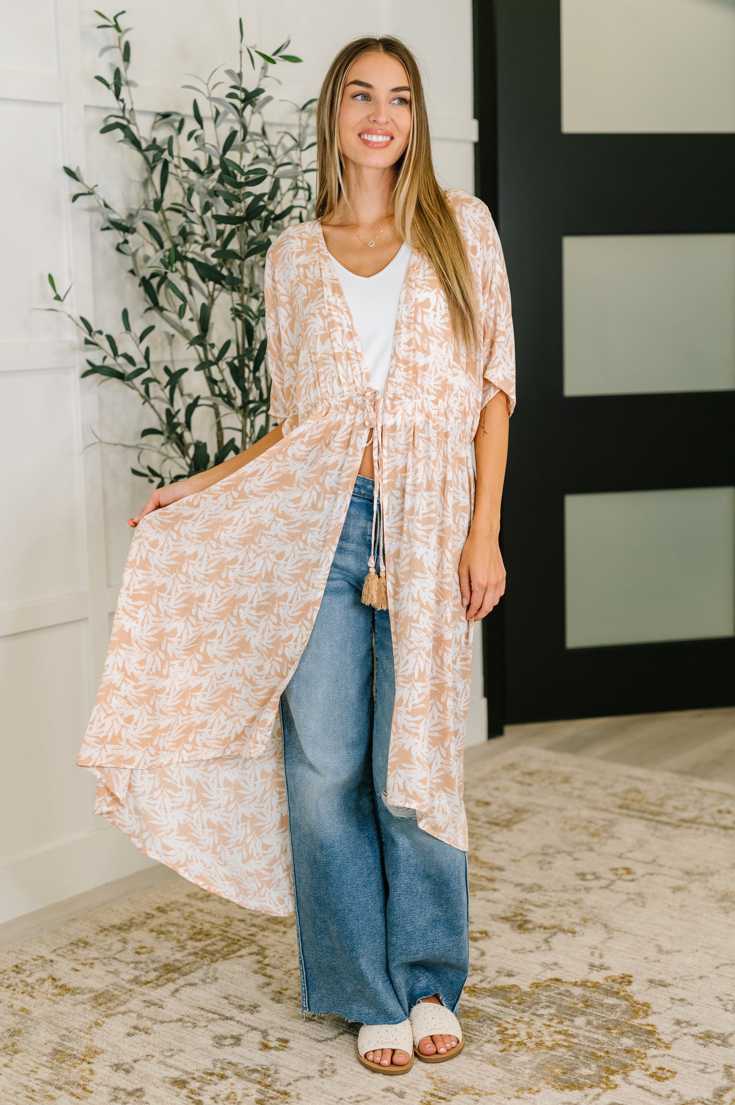 Tropical Print Gauze Kimono with Elastic Waist Tie in Milk Tea - Charming Charlie