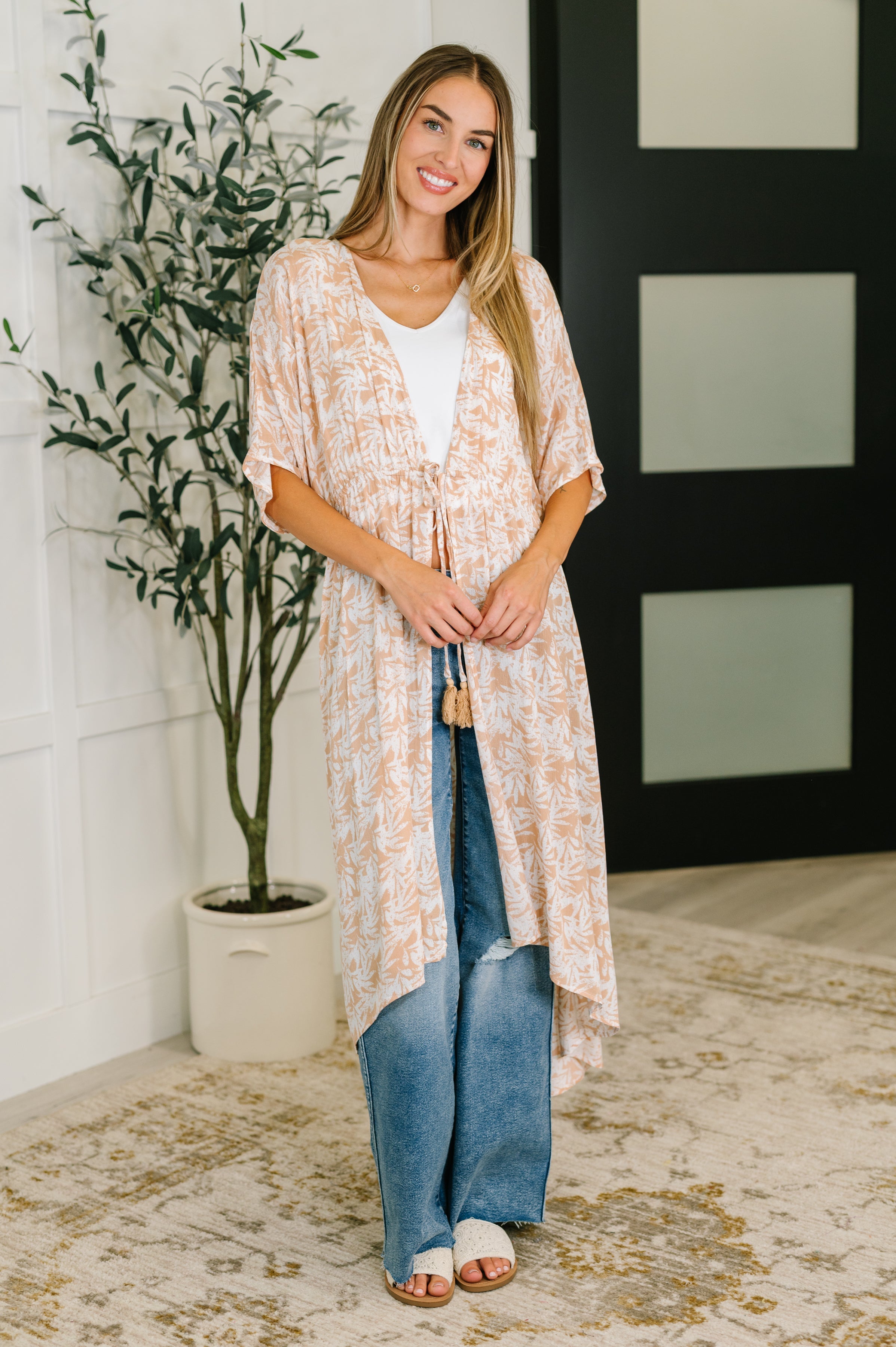 Tropical Print Gauze Kimono with Elastic Waist Tie in Milk Tea - Charming Charlie