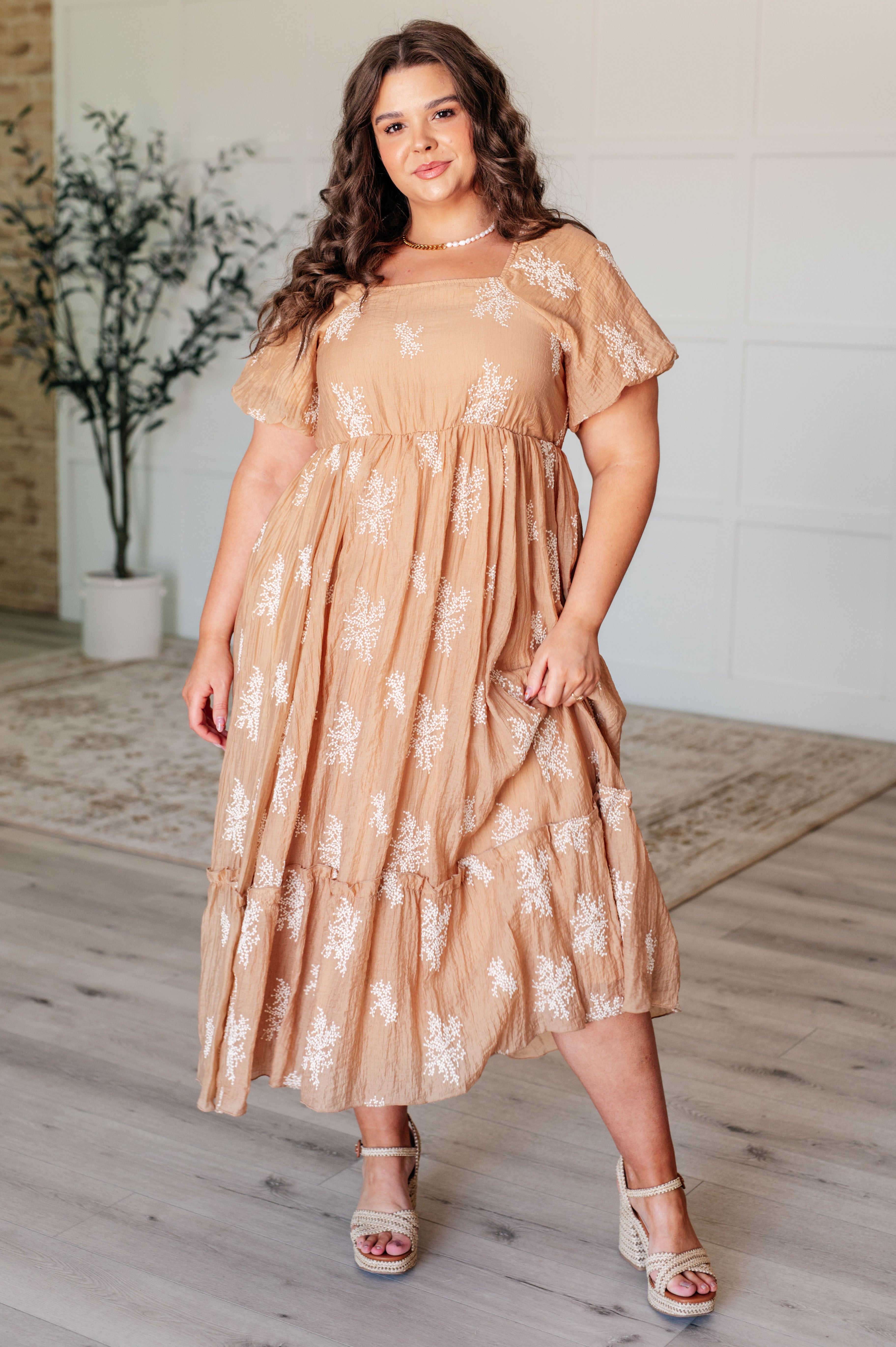 Trusting My Intuition Balloon Sleeve Dress in Camel - Charming Charlie