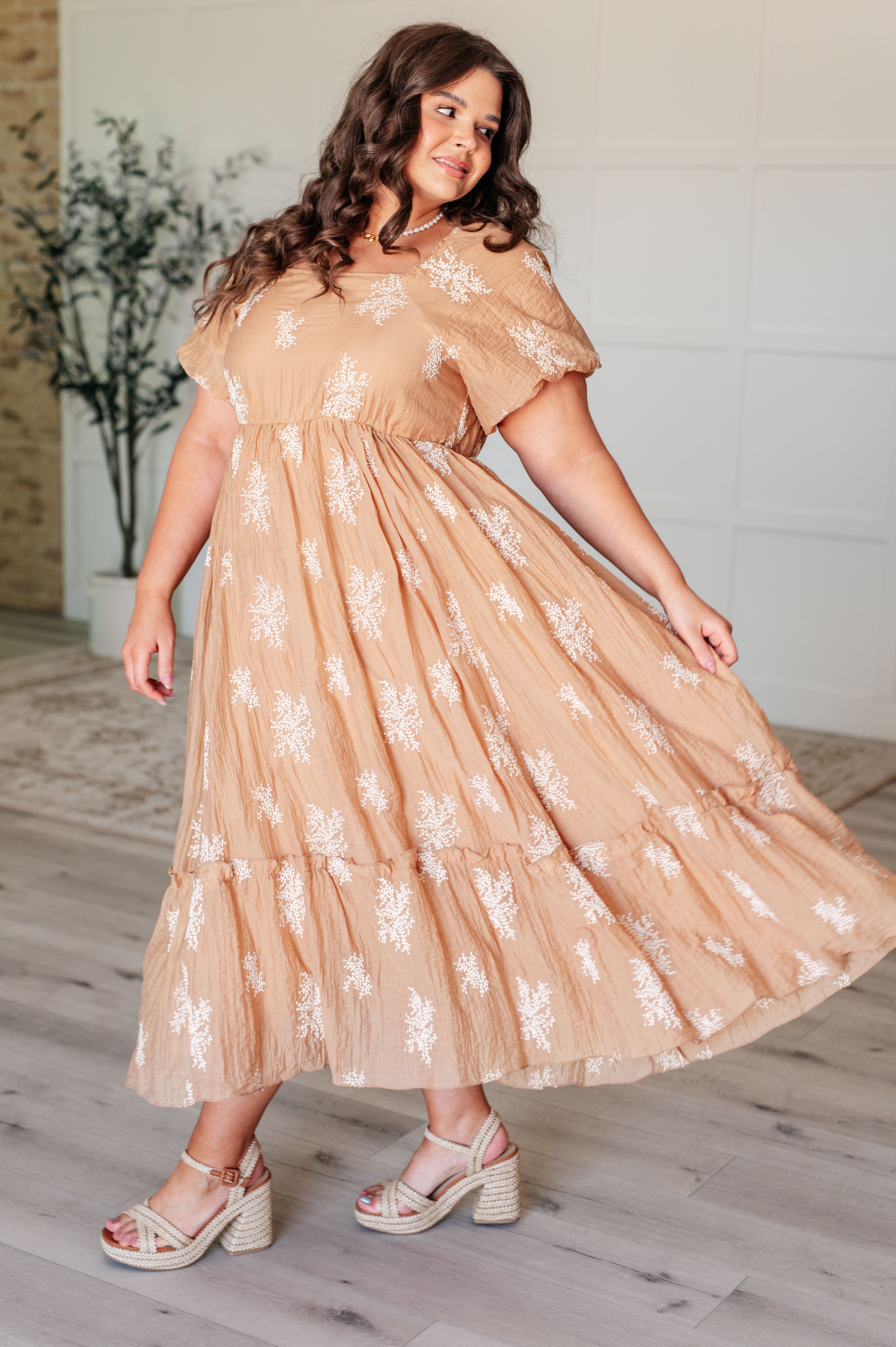 Trusting My Intuition Balloon Sleeve Dress in Camel - Charming Charlie