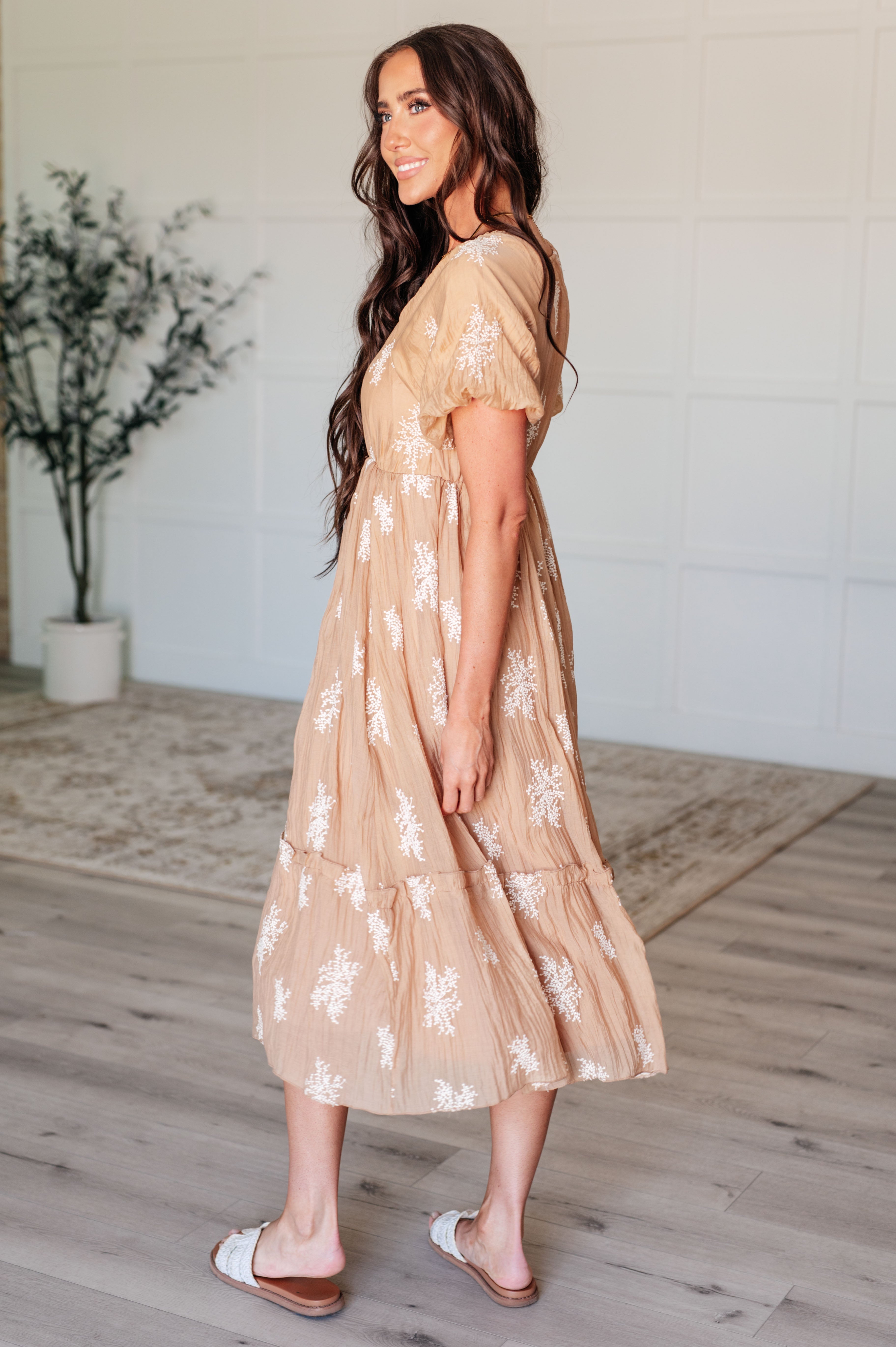 Trusting My Intuition Balloon Sleeve Dress in Camel - Charming Charlie