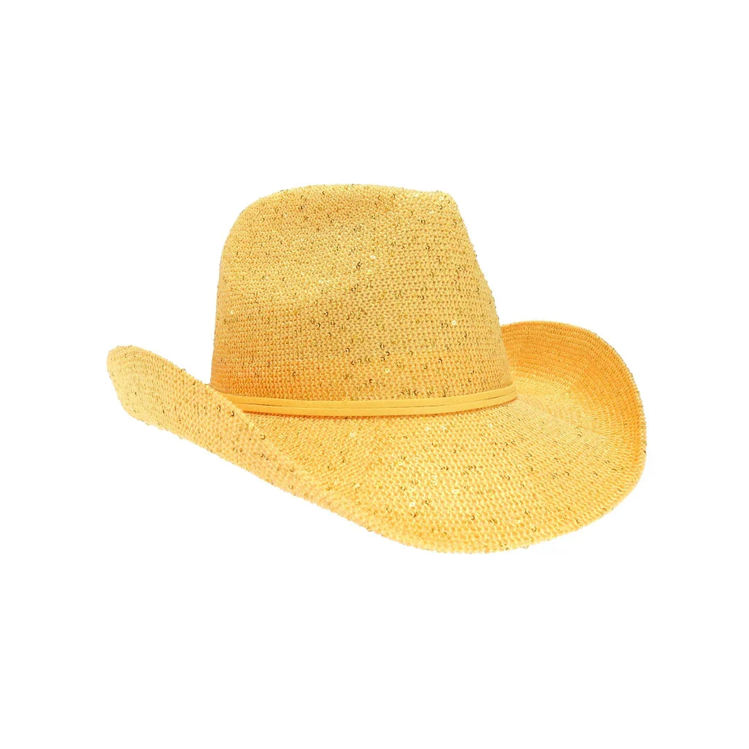 Yellow C.C brand sequin cowboy hat with curved brim and sparkly finish