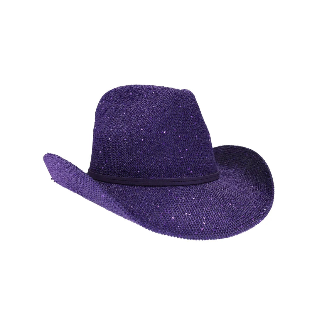 Purple C.C brand sequin cowboy hat with curved brim and sparkly finish