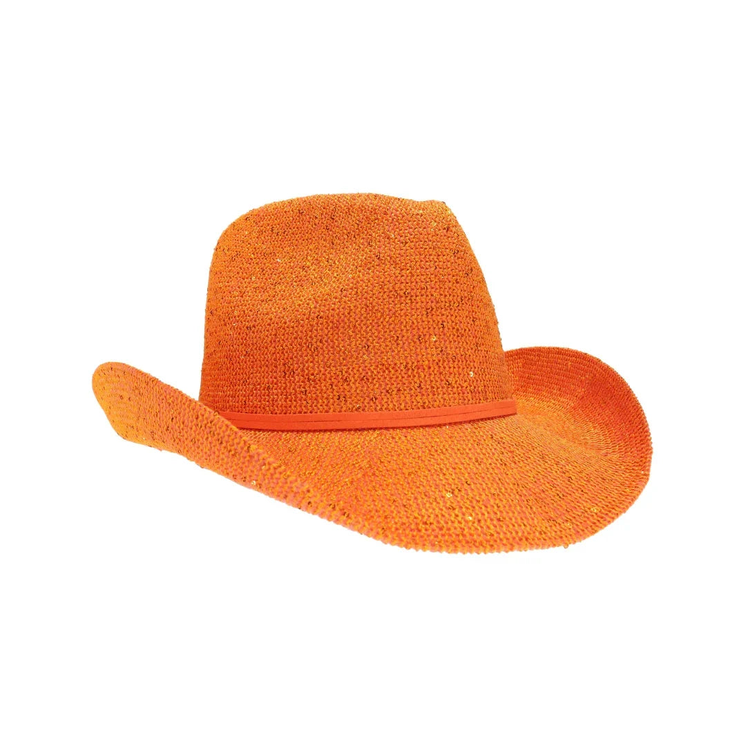 Orange C.C brand sequin cowboy hat with curved brim and sparkly finish