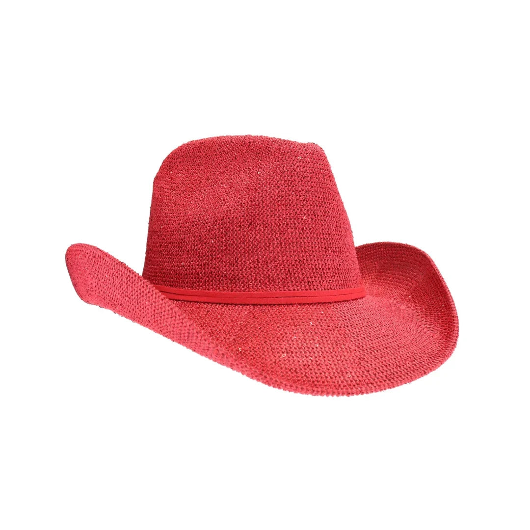 Red C.C brand sequin cowboy hat with curved brim and sparkly finish