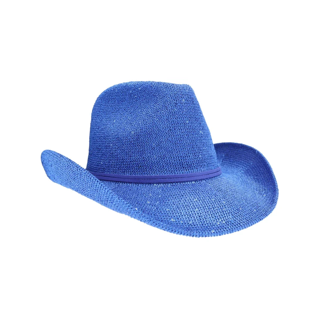 Royal Blue C.C brand sequin cowboy hat with curved brim and sparkly finish
