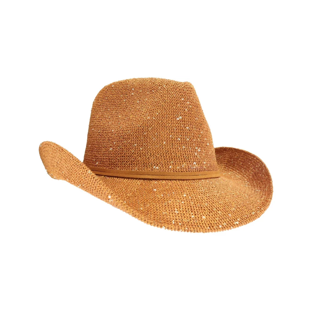 Burnt Orange C.C brand sequin cowboy hat with curved brim and sparkly finish