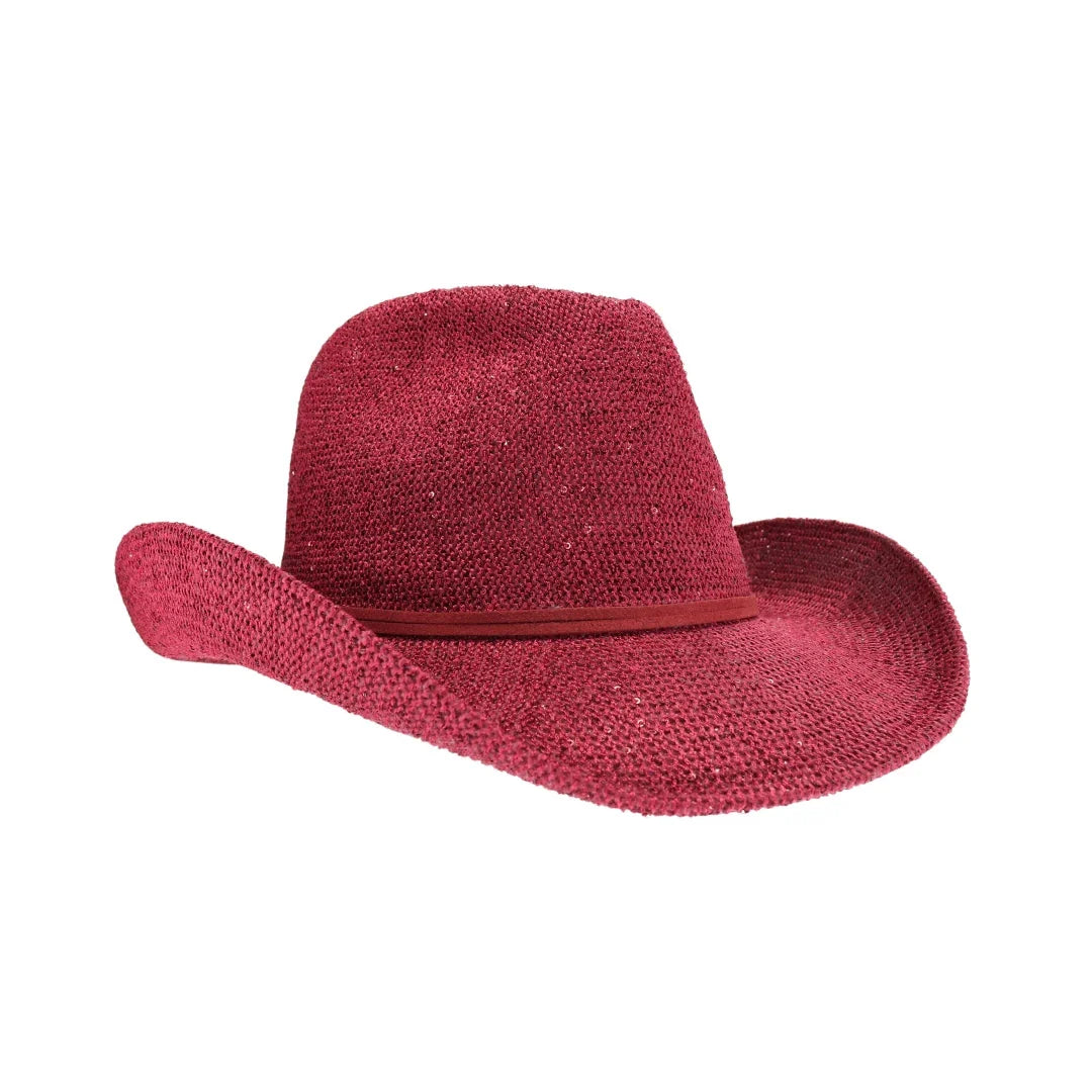 Maroon C.C brand sequin cowboy hat with curved brim and sparkly finish