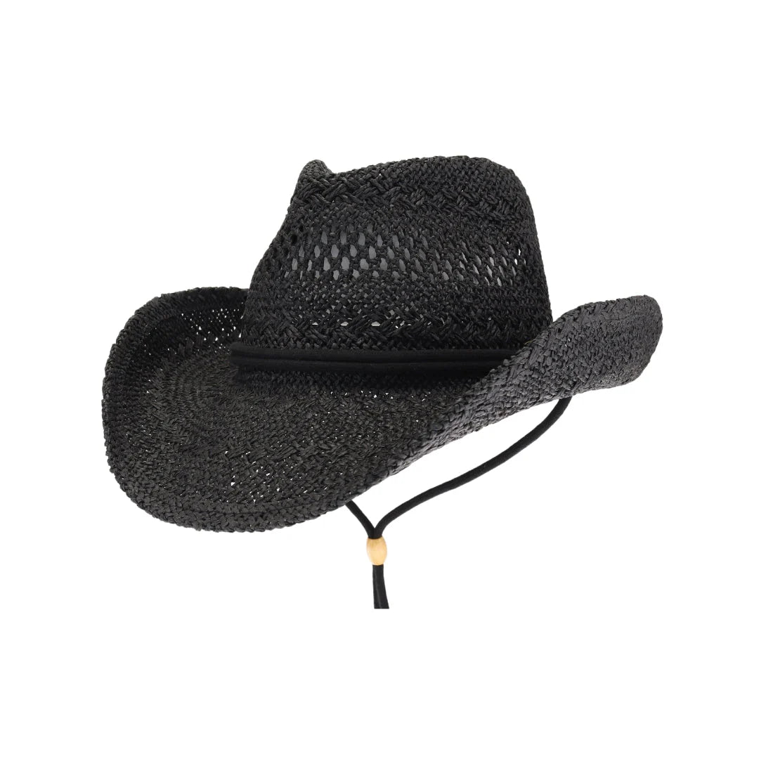 Black C.C solid cowboy hat with open weave and chin strap