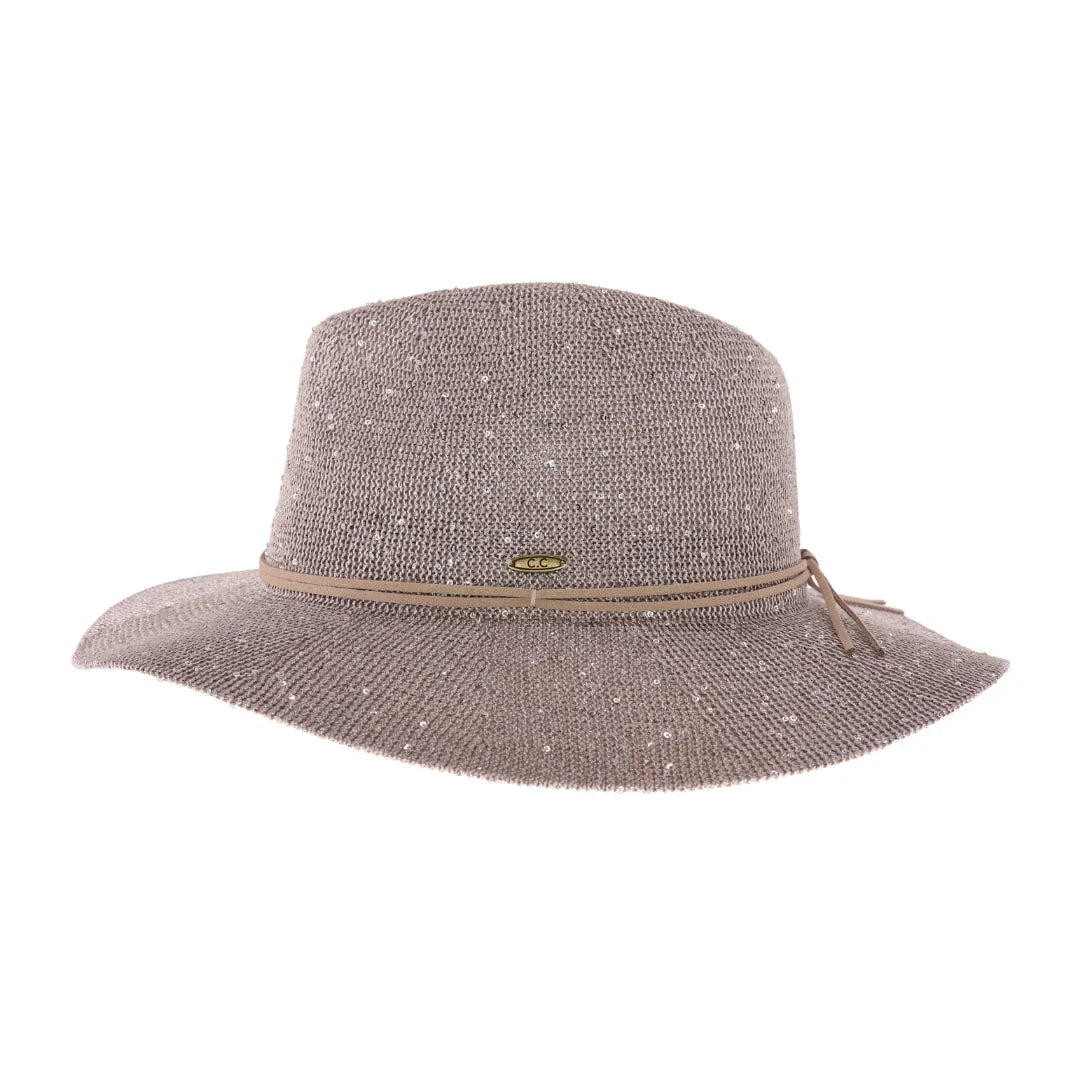 Gray Black C.C knitted panama hat with sequins and wide brim