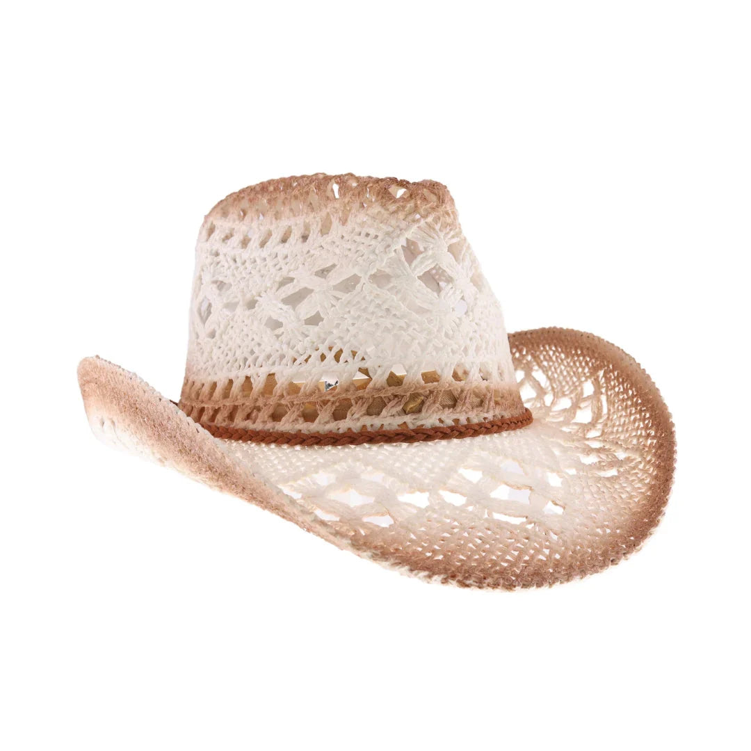 ombre open weave cowboy hat by C.C in white and tan with curved brim