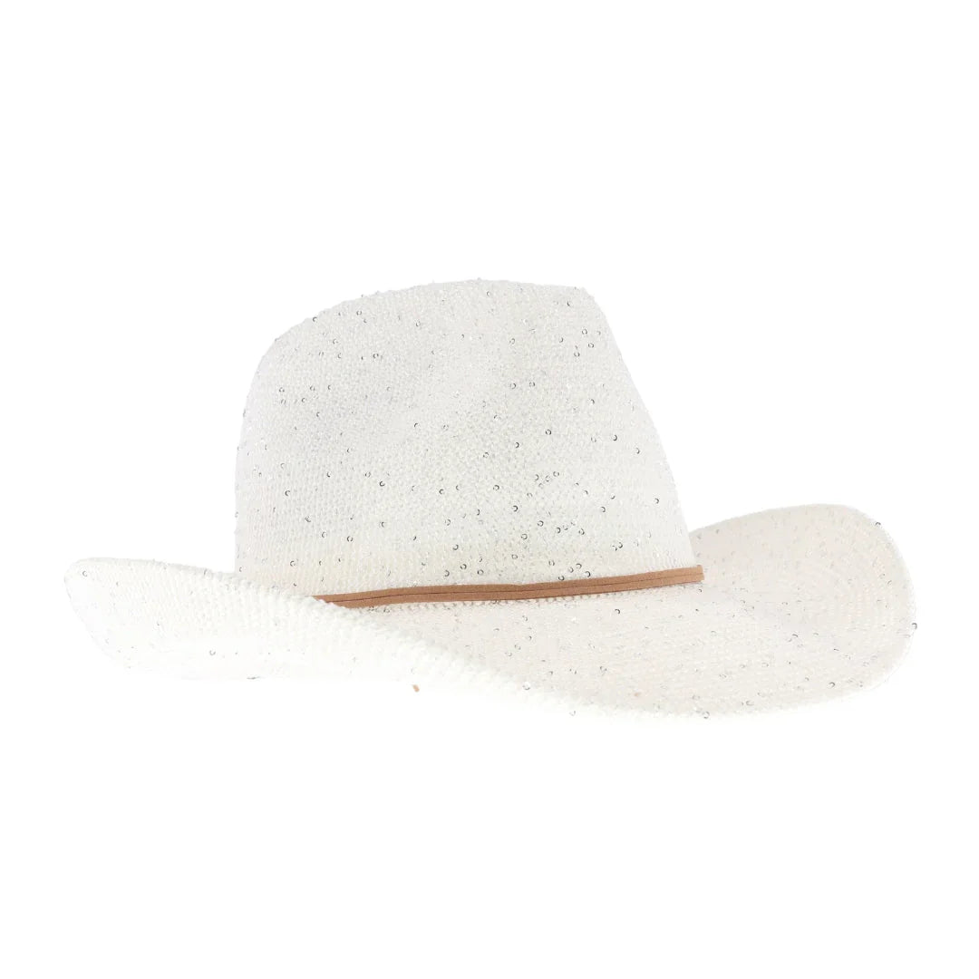 white C.C brand sequin cowboy hat with curved brim and sparkly finish