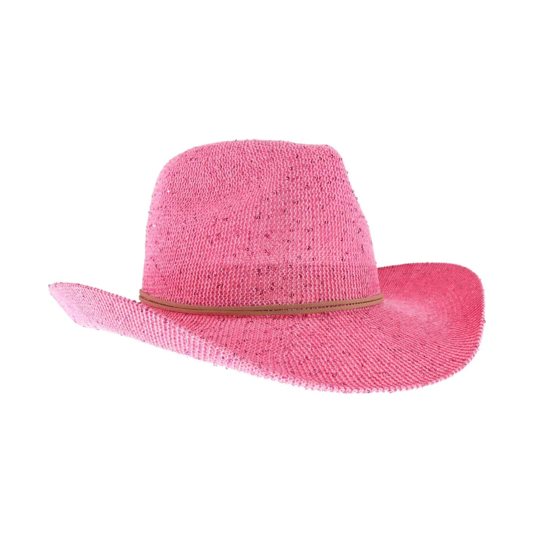 Pink C.C brand sequin cowboy hat with curved brim and sparkly finish