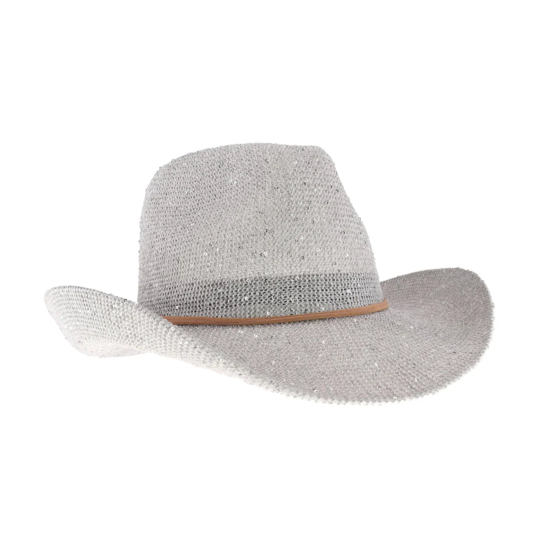 Silver C.C brand sequin cowboy hat with curved brim and sparkly finish