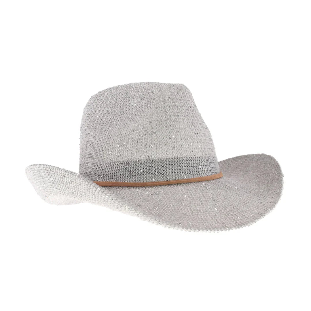 Silver C.C brand sequin cowboy hat with curved brim and sparkly finish