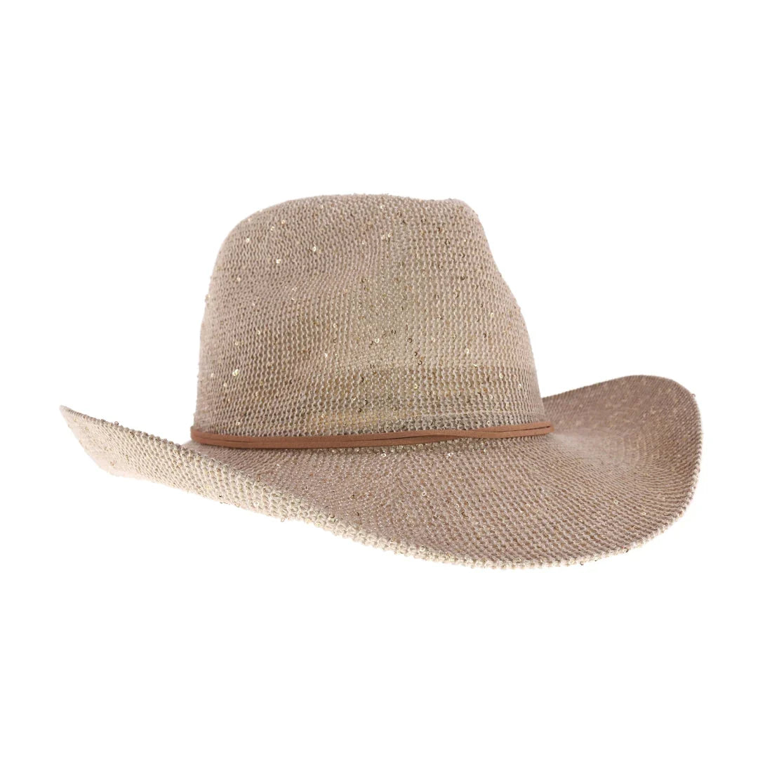 Beige C.C brand sequin cowboy hat with curved brim and sparkly finish