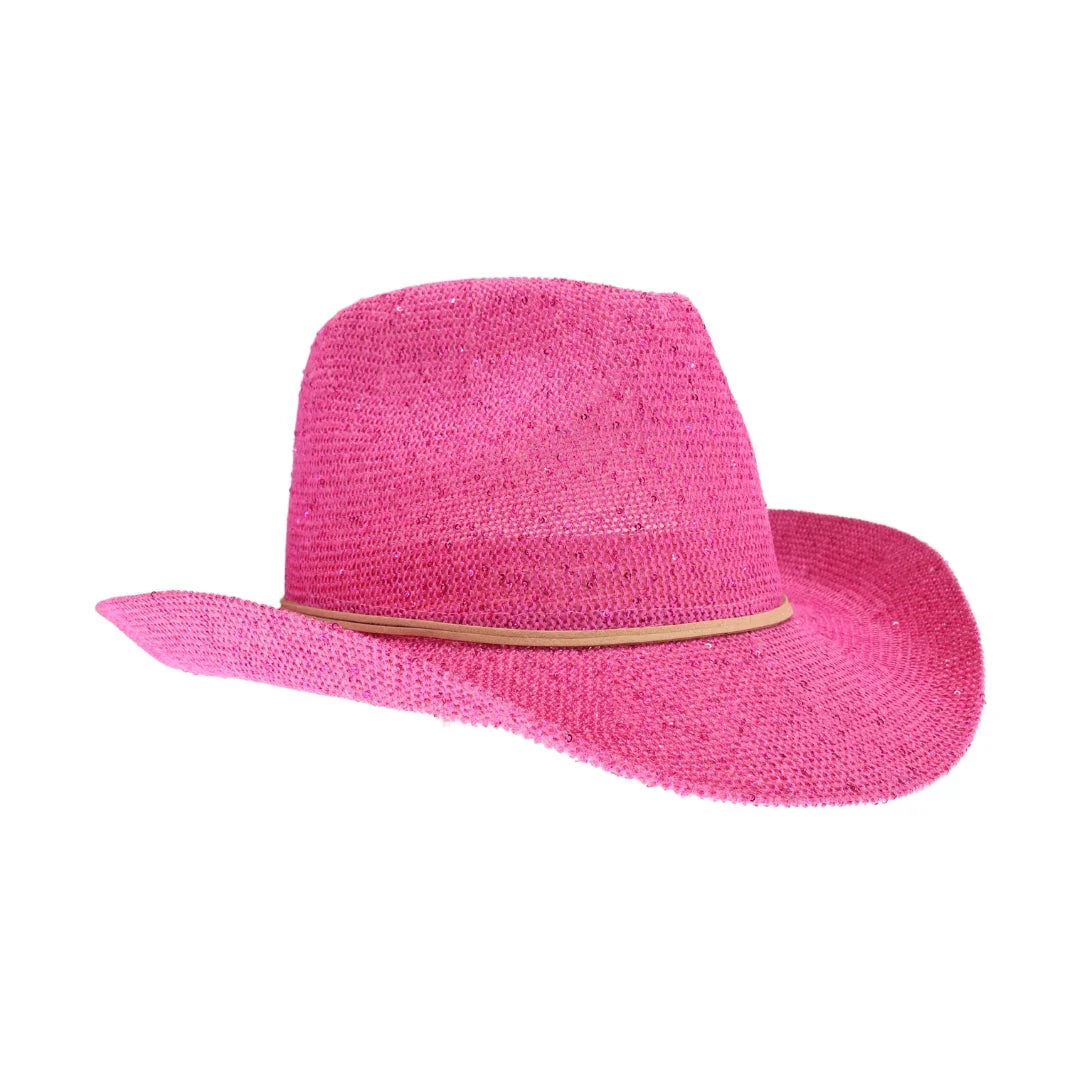 Hot Pink C.C brand sequin cowboy hat with curved brim and sparkly finish