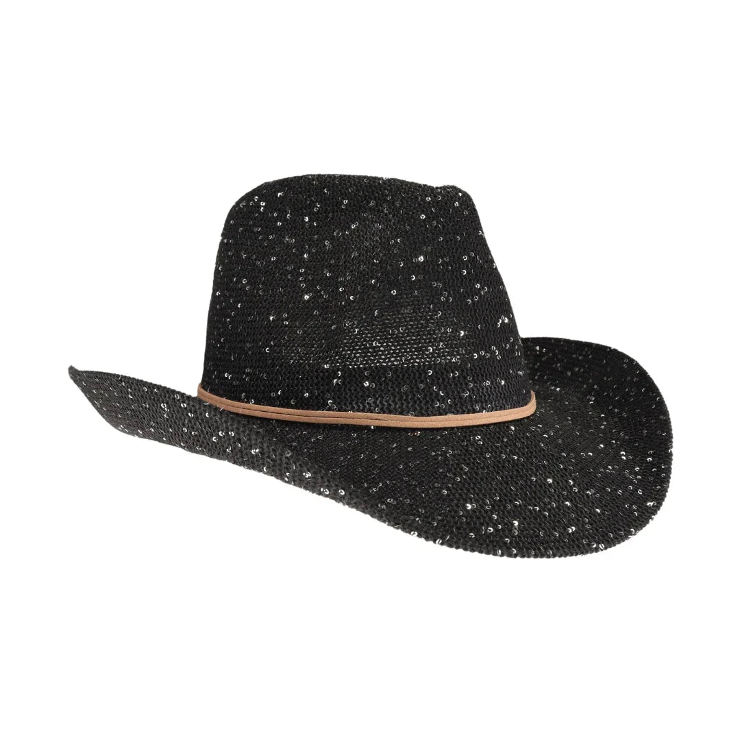 black C.C brand sequin cowboy hat with curved brim and sparkly finish