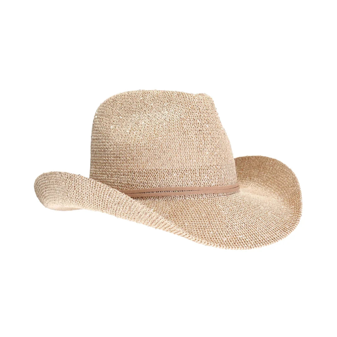 Gold C.C brand sequin cowboy hat with curved brim and sparkly finish