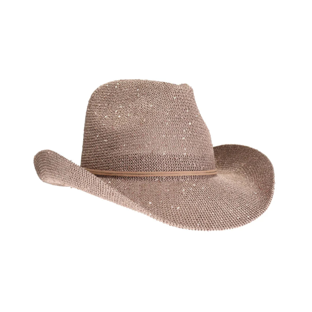Taupe C.C brand sequin cowboy hat with curved brim and sparkly finish