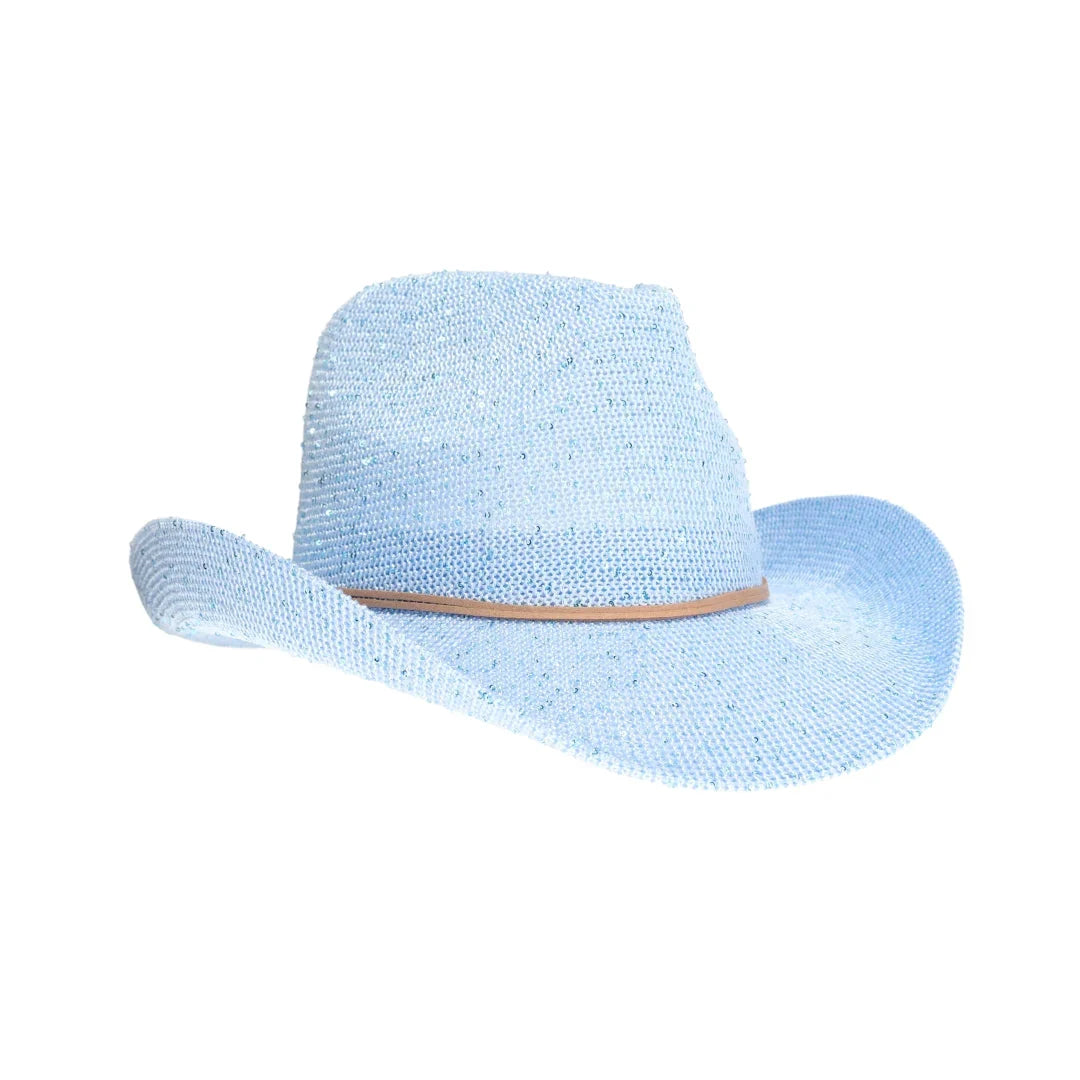 Sky Blue C.C brand sequin cowboy hat with curved brim and sparkly finish