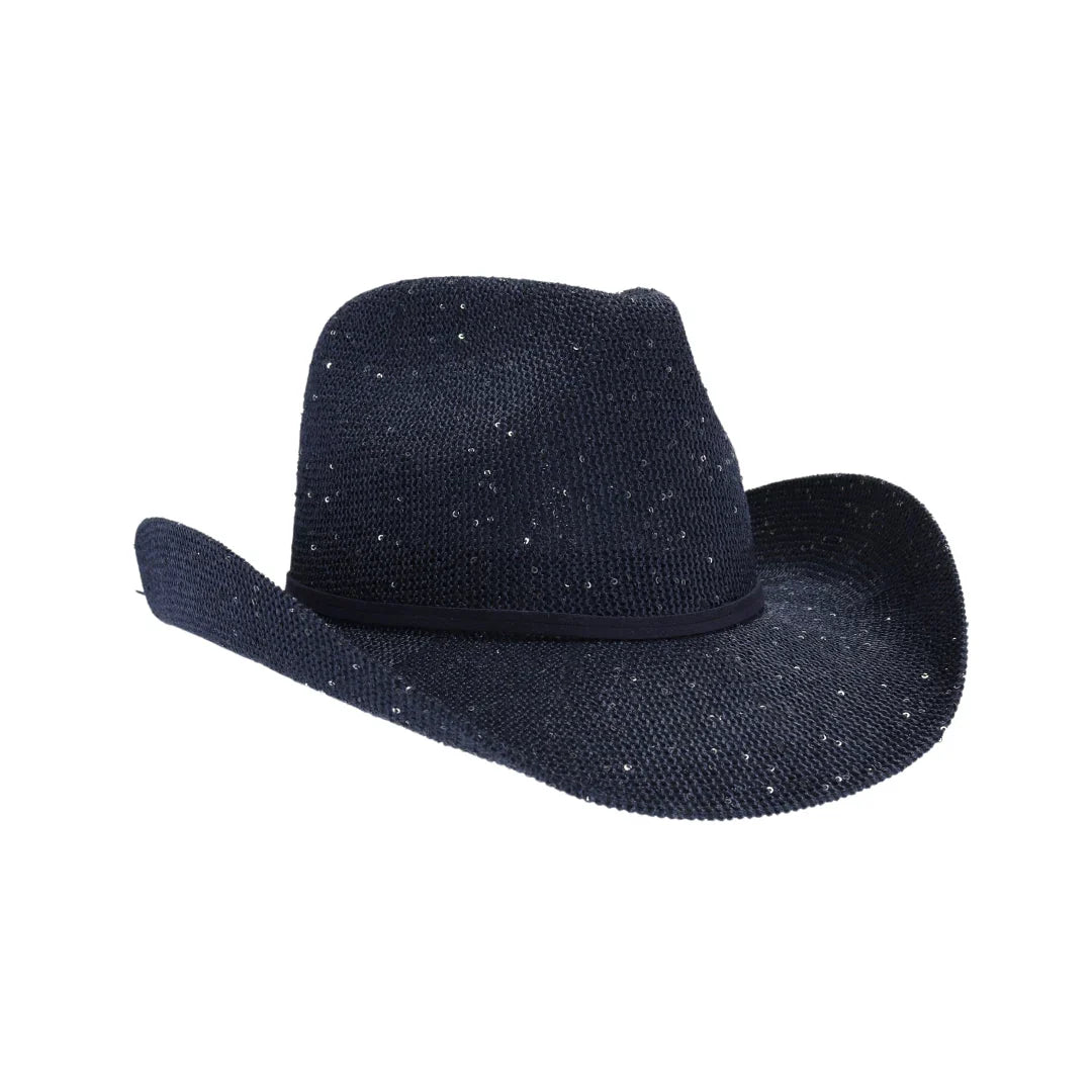 Navy C.C brand sequin cowboy hat with curved brim and sparkly finish