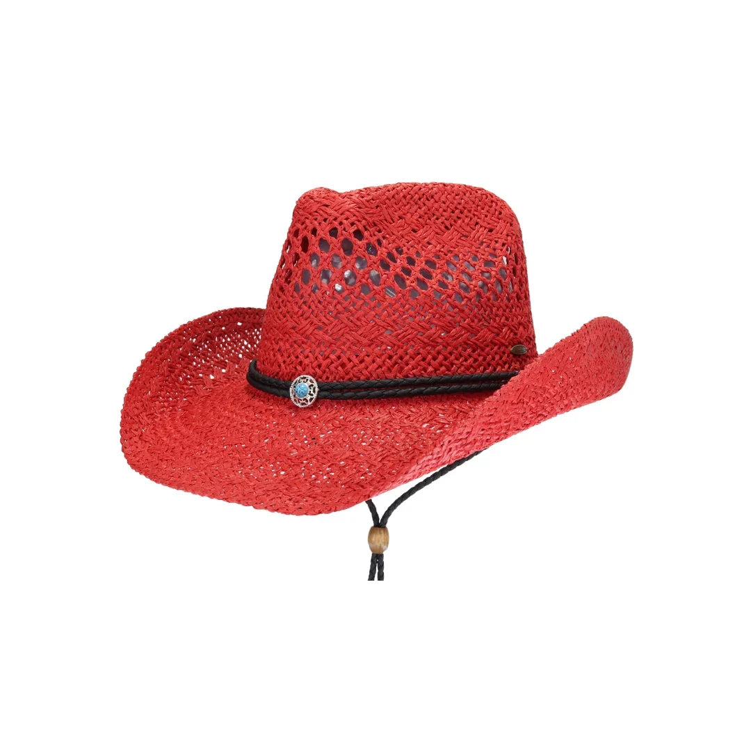 Red C.C open-weave cowboy hat with turquoise accent and chin strap
