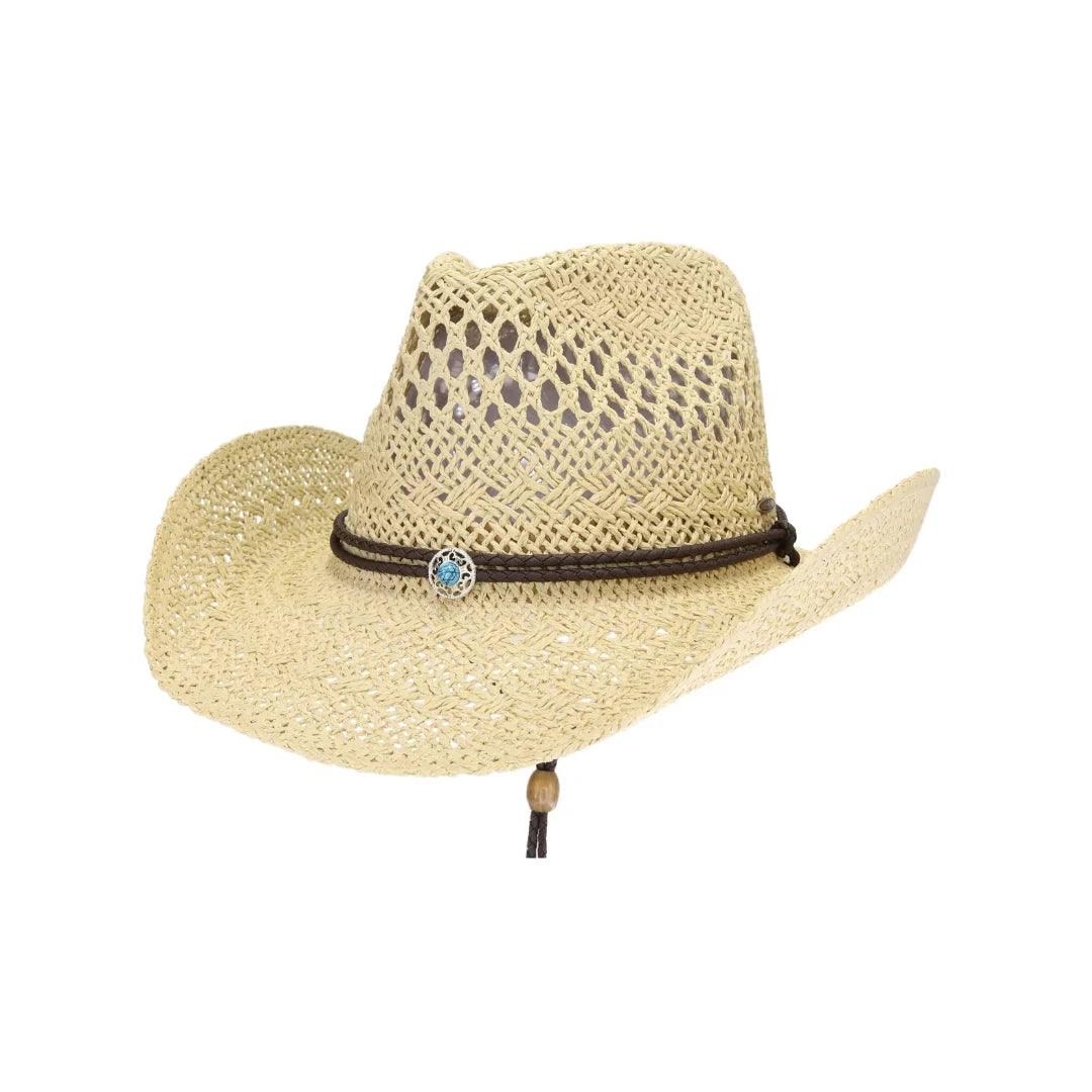Natural C.C open-weave cowboy hat with turquoise accent and chin strap
