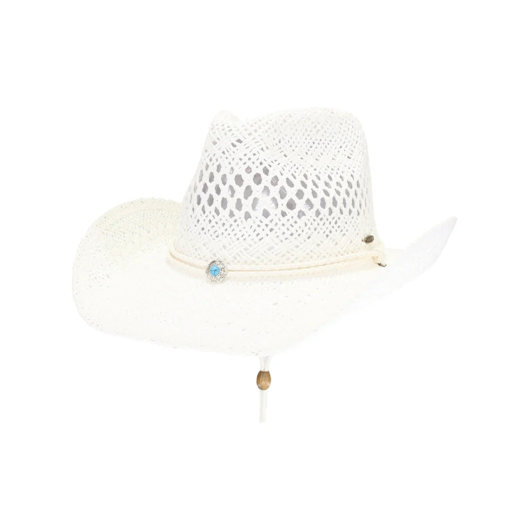 White C.C open-weave cowboy hat with turquoise accent and chin strap
