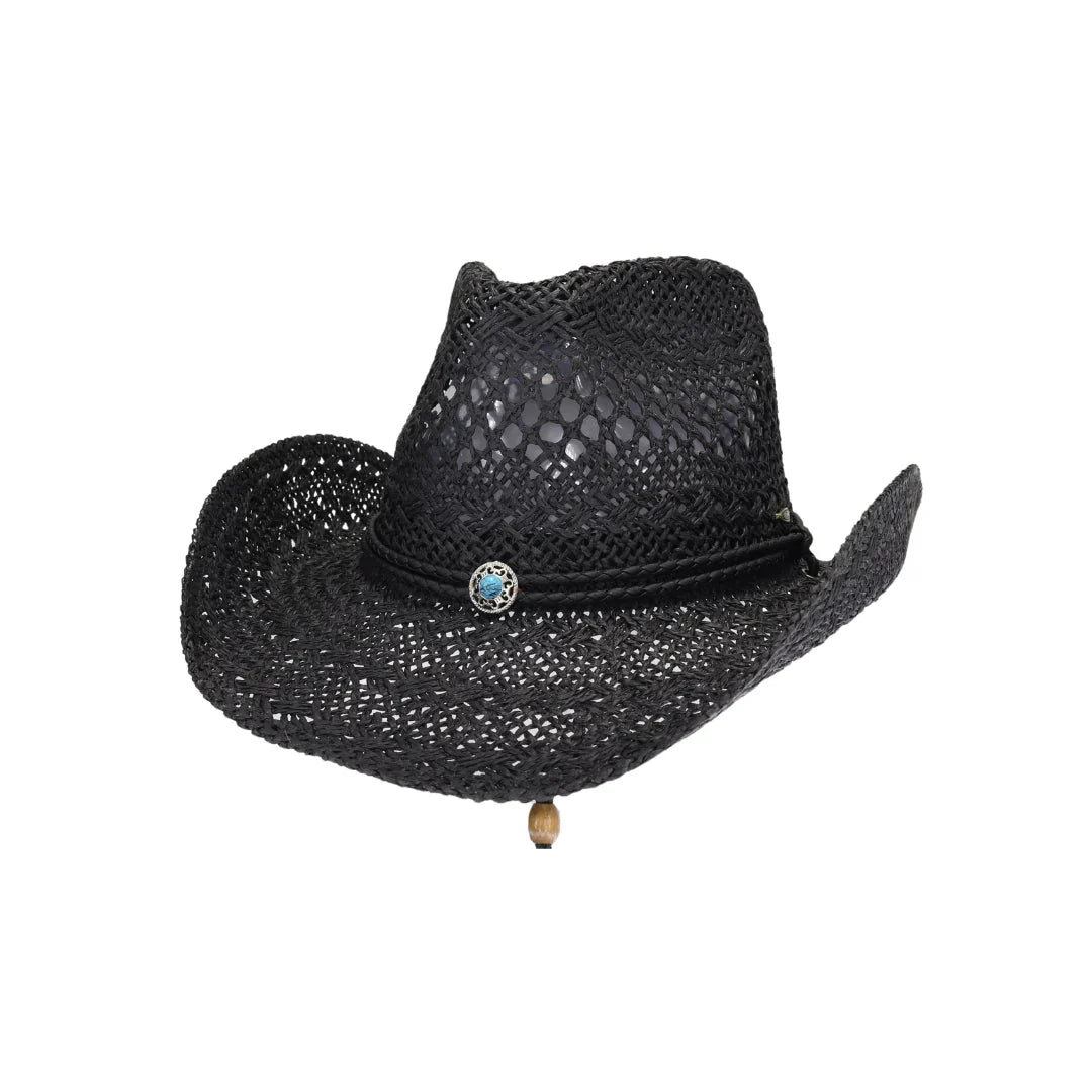Black C.C open-weave cowboy hat with turquoise accent and chin strap