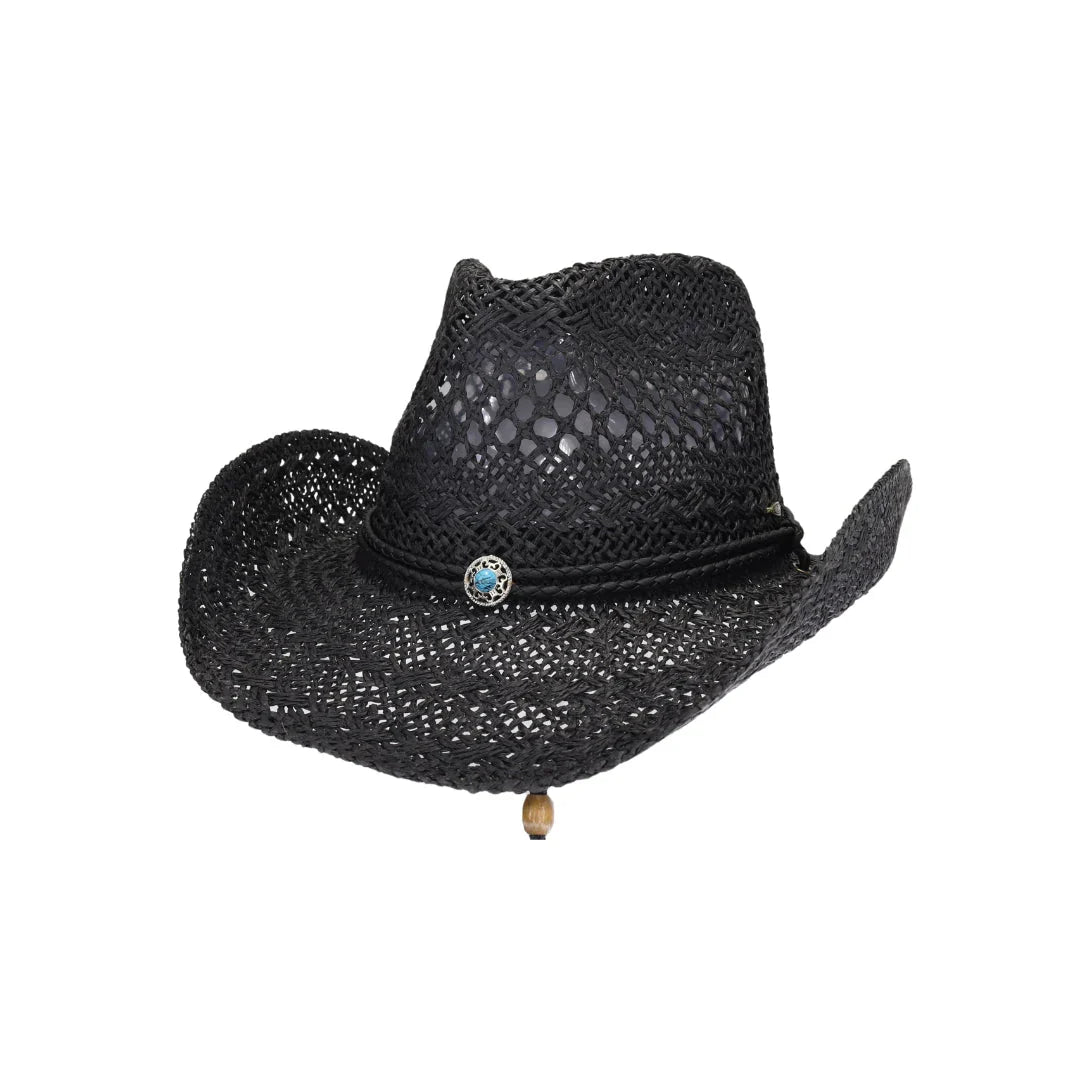 Black C.C open-weave cowboy hat with turquoise accent and chin strap