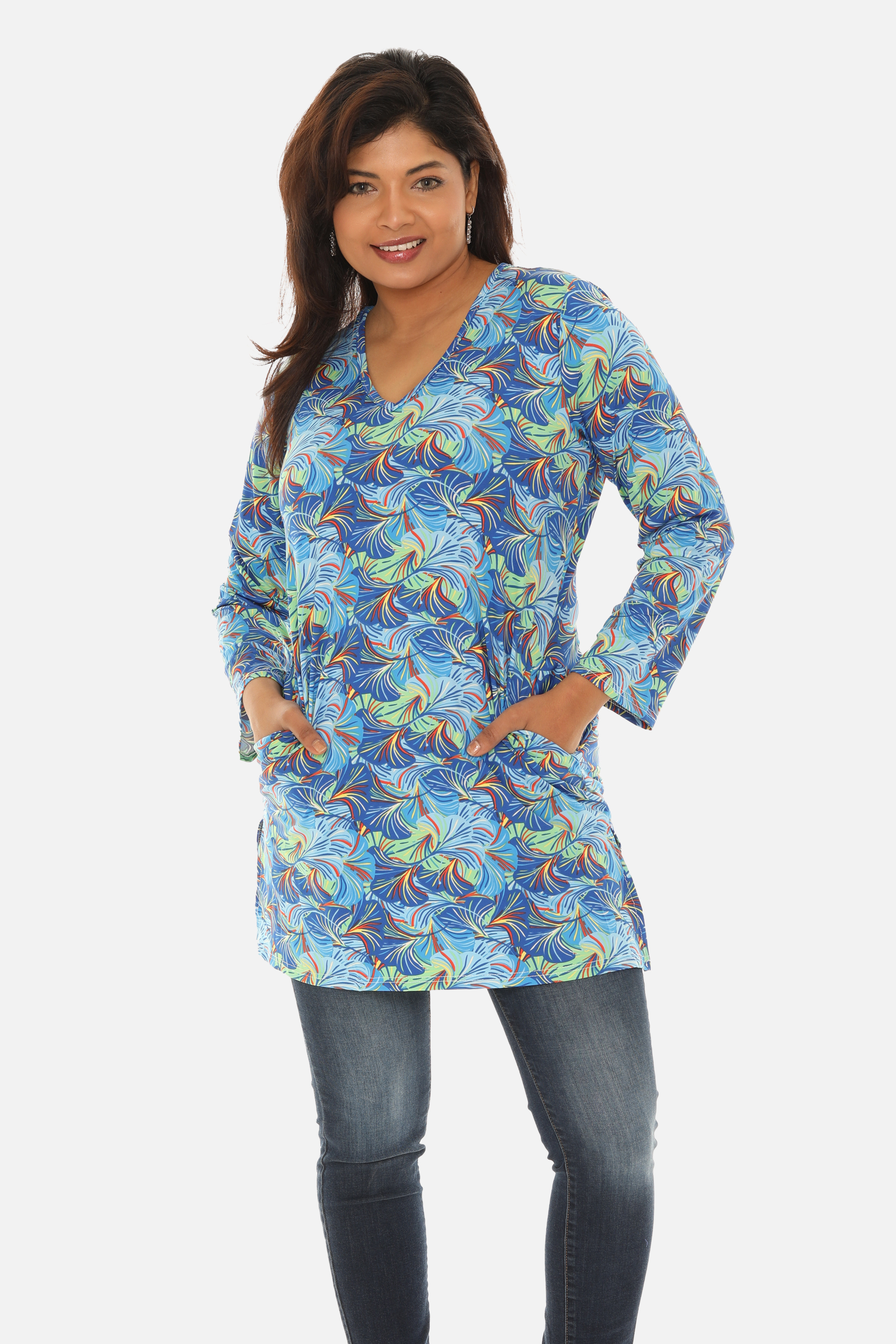 UPF 50+ Printed Women Long Tunic with Both Side Pockets - Charming Charlie