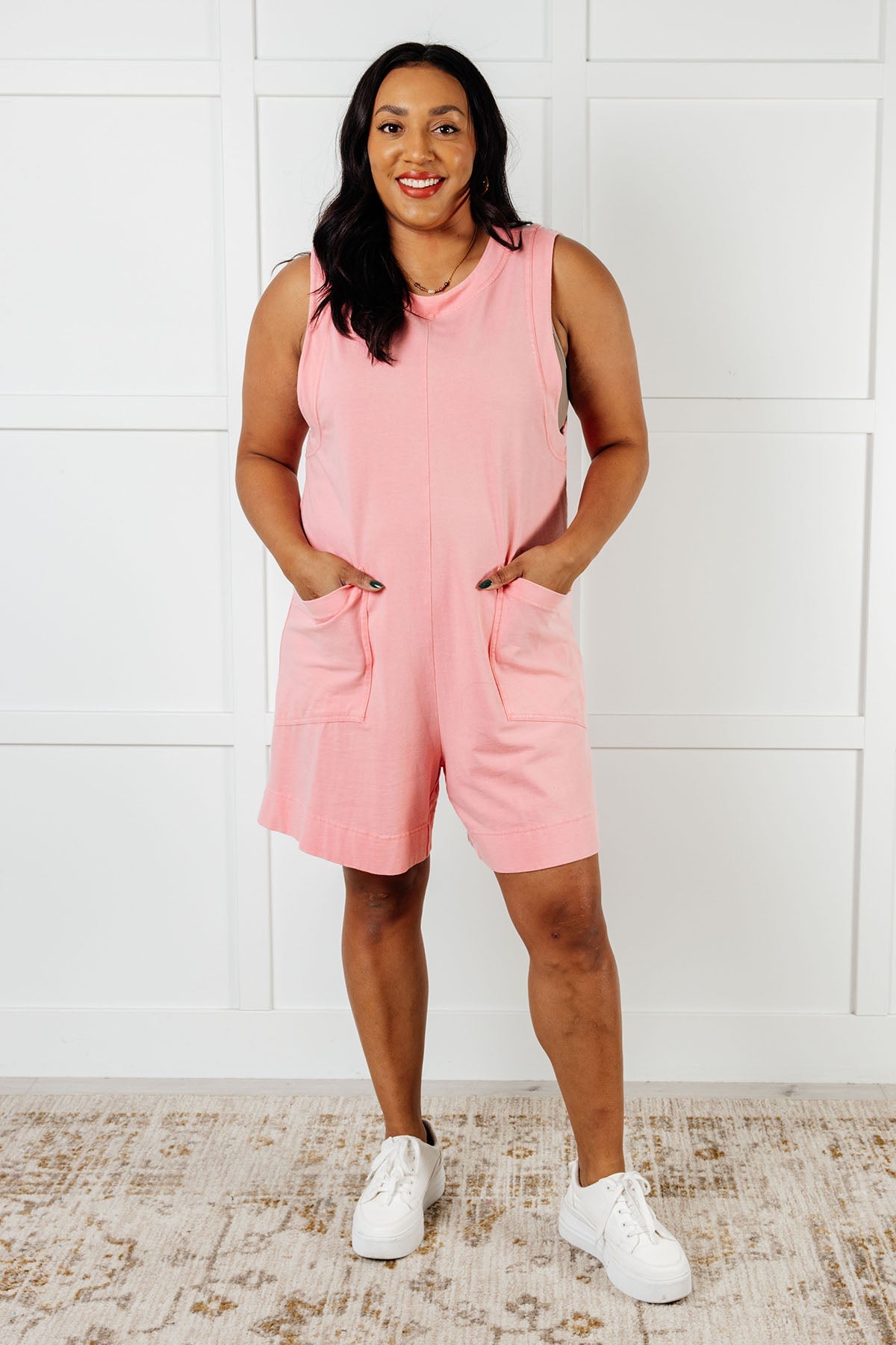 Up and Running Mineral Wash Romper in Coral Pink - Charming Charlie