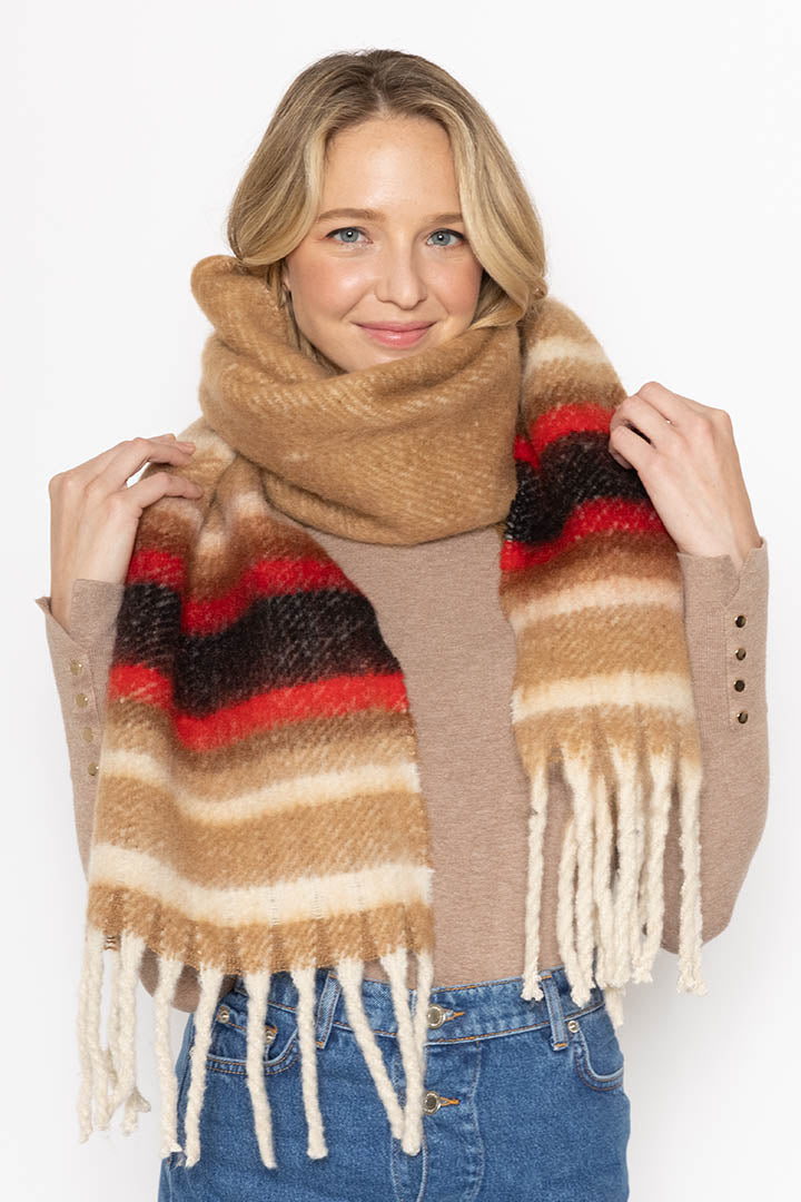 Multi Stripe Cozy Scarf With Fringe - Charming Charlie
